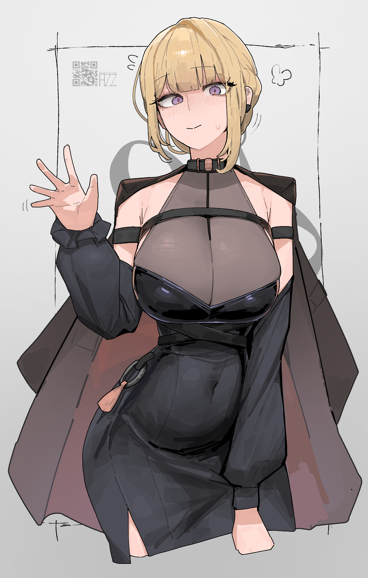 1girls, azz0422, blonde hair, breasts, cleavage, dress, evelyn chevalier, female, female focus, female only, fit female, hourglass figure, large breasts, light skin, light-skinned female, looking at viewer, navel, purple eyes, slim waist, solo, tight clothing, wide hips, zenless zone zero