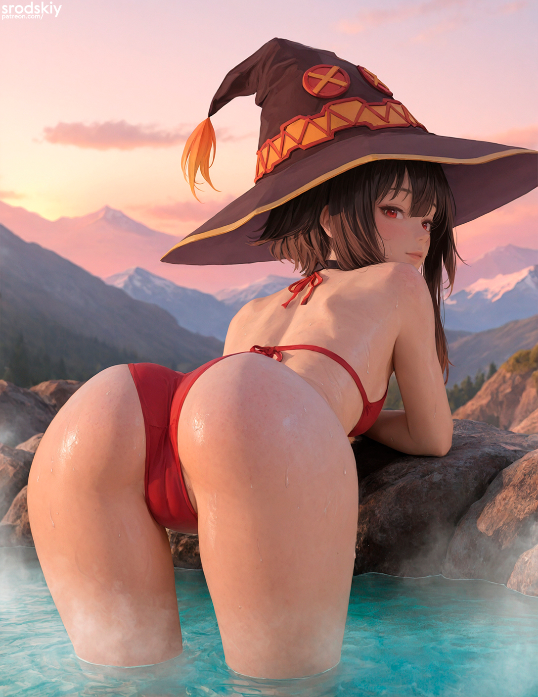 1girls, ai generated, ass, ass cleavage, ass crack, ass focus, ass up, beautiful, bent over, bikini, blush, butt focus, buttocks, camel toe, cameltoe, cute, cute face, female, female only, hat, high quality, high resolution, highres, hot spring, kono subarashii sekai ni shukufuku wo!, konosuba, landscape, looking at viewer, looking back, megumin, pov, pov eye contact, rear view, srodskiy, tagme, thick thighs, thong bikini, wet, young, young female, younger female