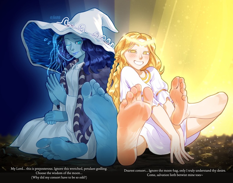1boy, 1boy1girl, 1girls, 2d, barefoot, blonde hair, blue body, blue eyes, blue hair, blue skin, elden ring, feet, feet up, female, femboy, foot fetish, foot focus, fromsoftware, greek toe, male, miquella, miquella the kind, ranni the witch, shadow of the erdtree, soles, staerk, text, toes, twink, yellow eyes, yellow hair