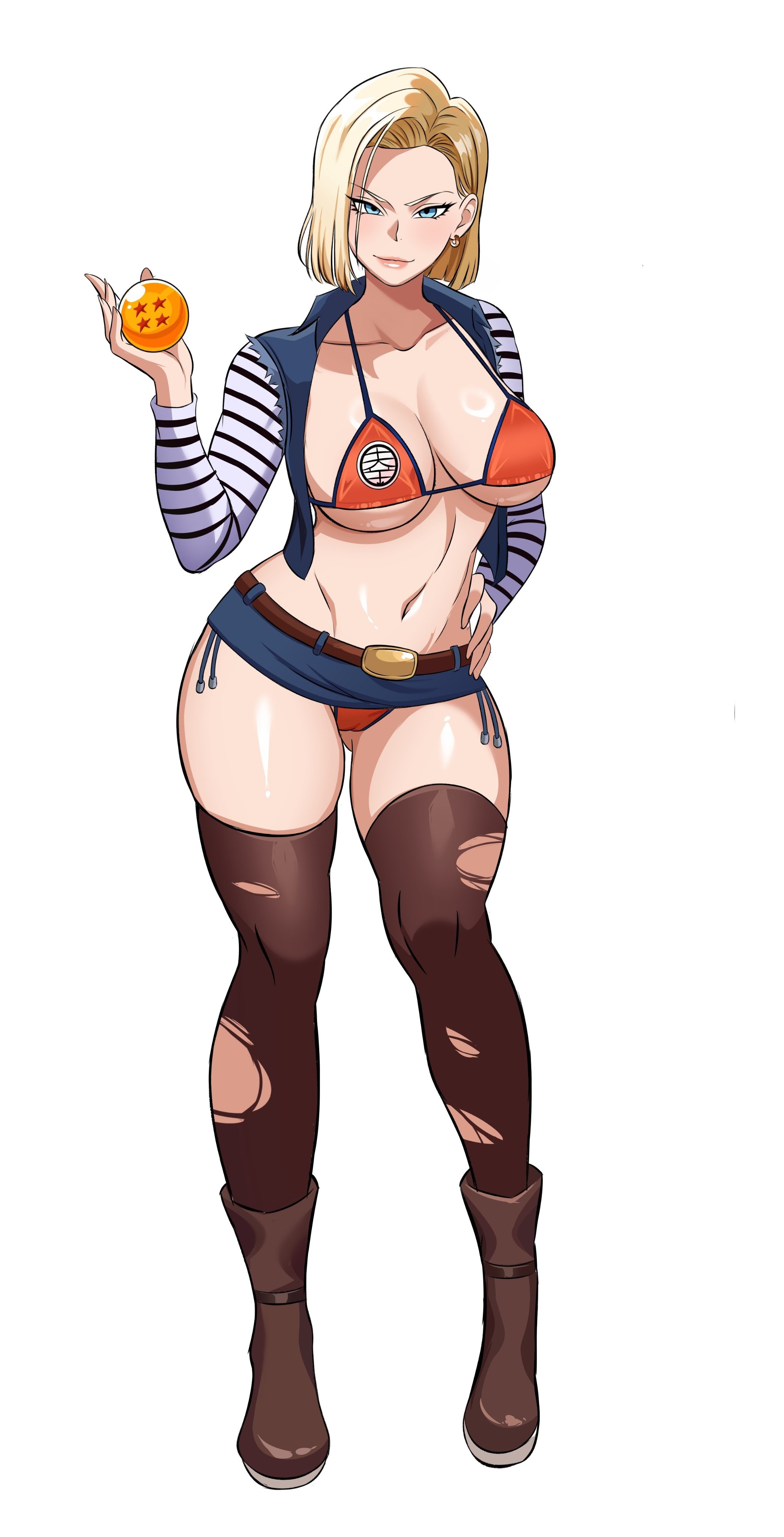 1girls, android 18, ass, ass visible through thighs, blonde hair, breasts, dragon ball, dragon ball z, female, female focus, female only, large breasts, light skin, light-skinned female, looking at viewer, solo, thick thighs, thighhighs, thighs, wide hips, zuyuzuyu6