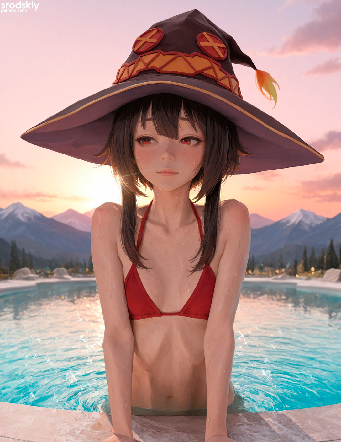 1girls, ai generated, beautiful, bikini, blush, breasts, cute, cute face, female, female only, flat chest, hat, high quality, high resolution, highres, hot spring, kono subarashii sekai ni shukufuku wo!, konosuba, landscape, megumin, small breasts, srodskiy, tagme, wet, young, young female, younger female