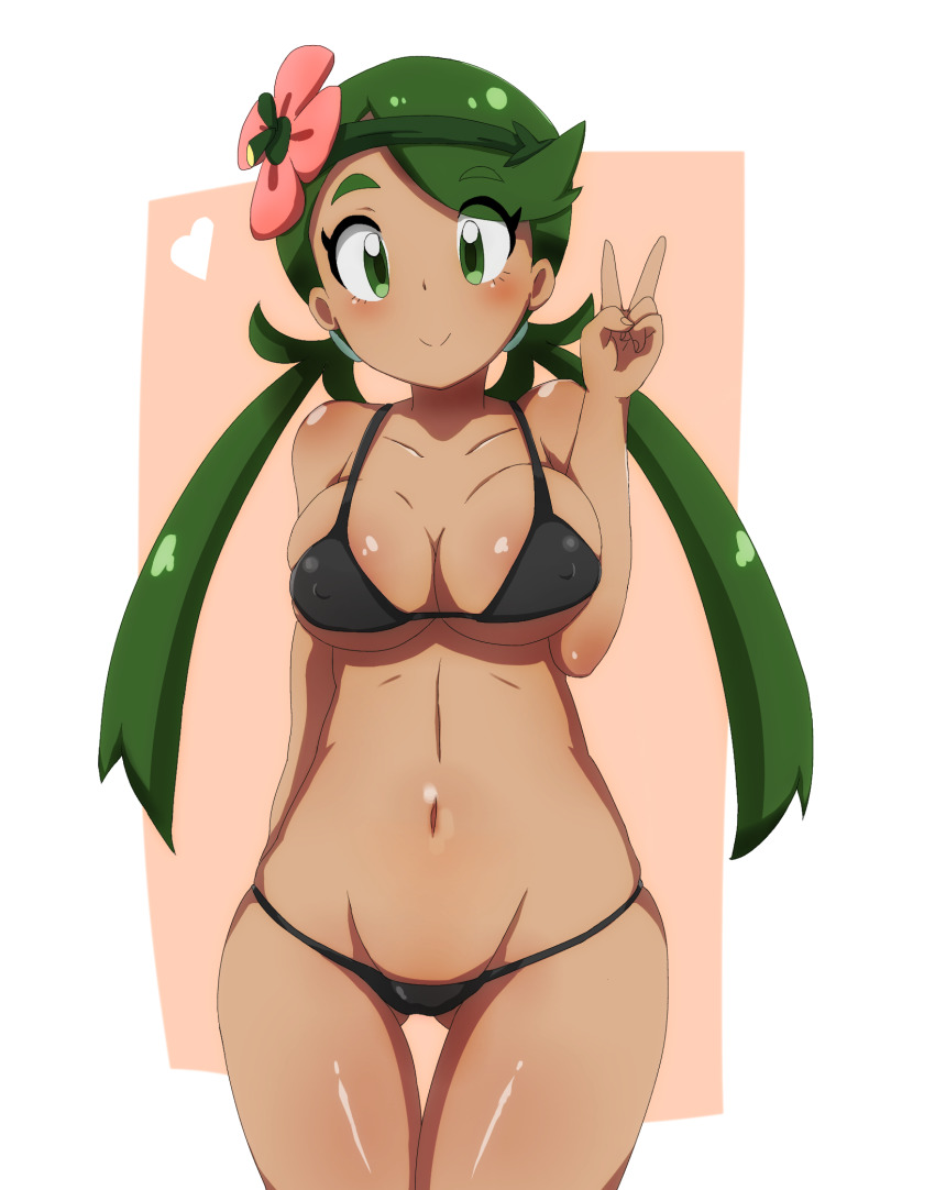 1girls, bikini, black bikini, black bra, black panties, breasts, cleavage, dark skin, dark-skinned female, female, female focus, female only, game freak, green eyes, green hair, hair ornament, human, mallow (pokemon), nintendo, pokemon, pokemon sm, solo, solo focus, stomach, teenage girl, trial captain, v, vomqb0hqazddvcb