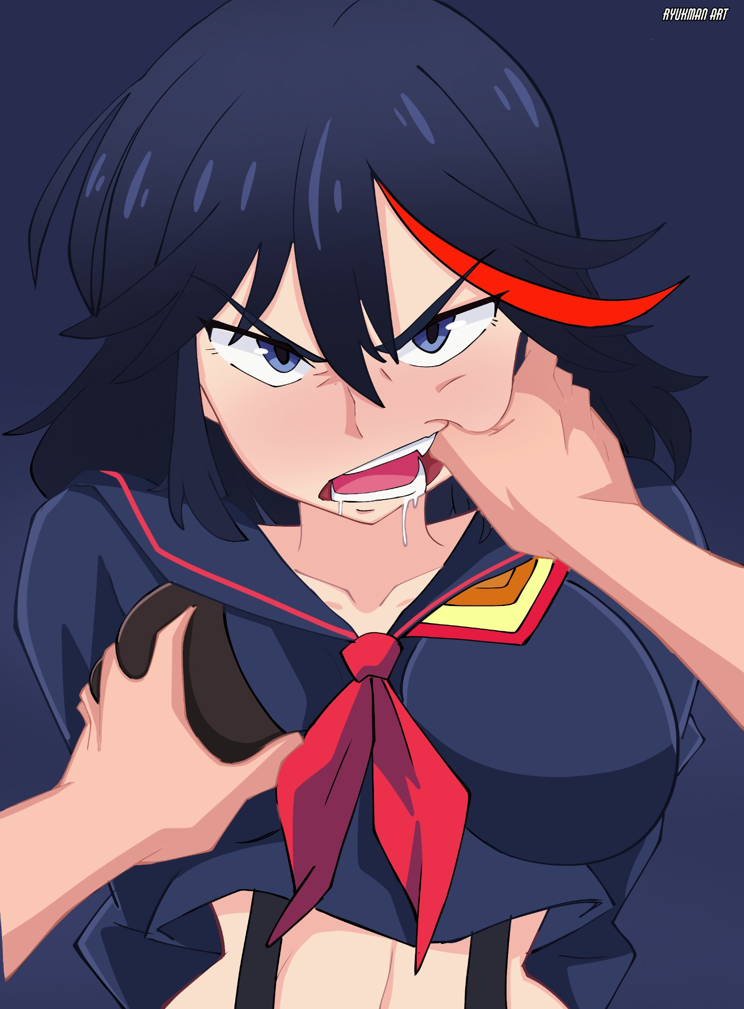 1girls, 2d, angry, angry face, black hair, black-haired female, blue eyes, breasts, cute fang, defiant, drooling, dubious consent, female, female focus, finger in mouth, fingers in mouth, grabbing breasts, groping, groping through clothes, implied bondage, kill la kill, looking at viewer, matoi ryuuko, pov, pov eye contact, ryukman, tagme, thumb in mouth, tomboy, uniform