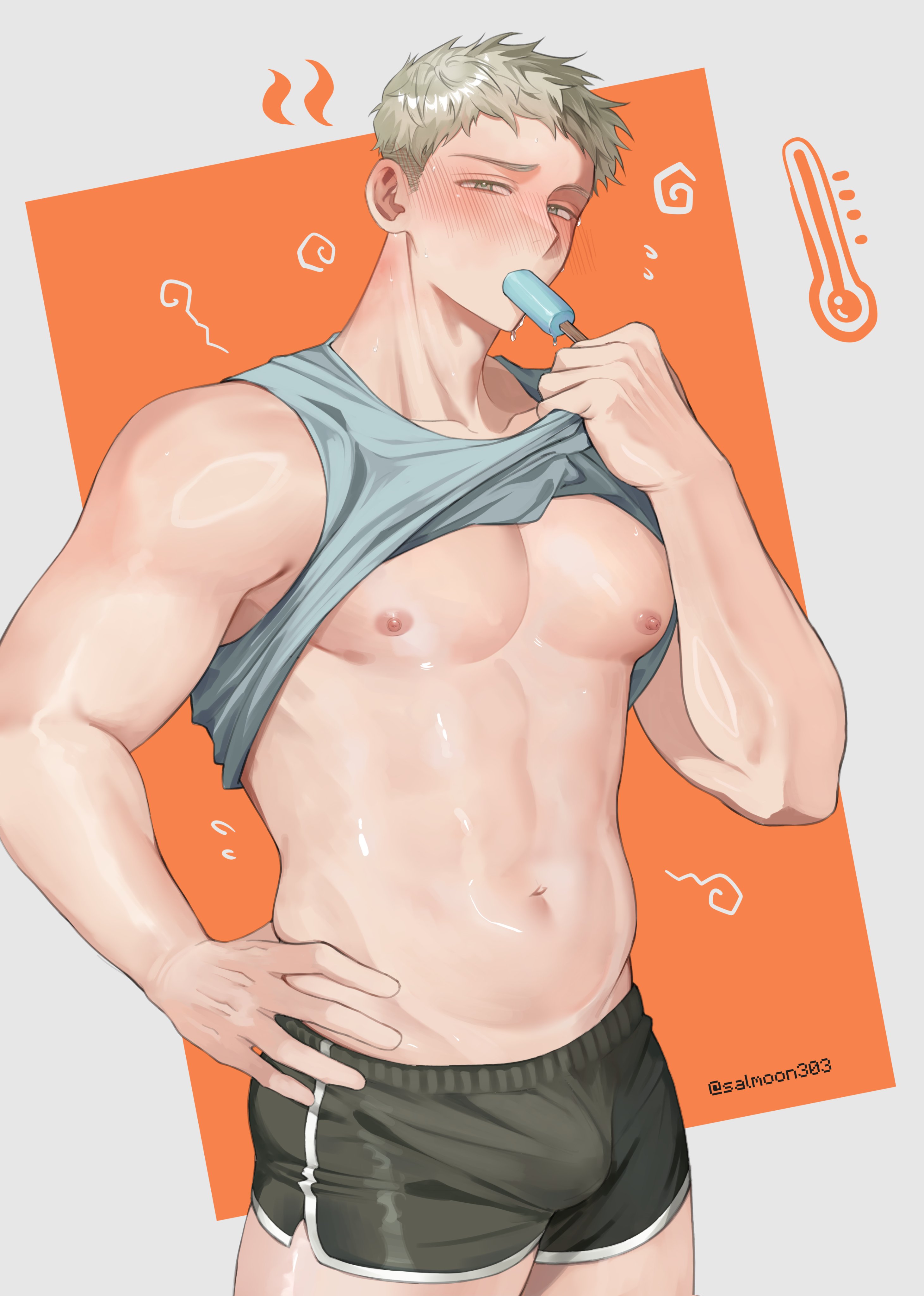 1boy, blush, dungeon meshi, laios touden, male, male only, navel, nipples, pecs, popsicle, popsicle in mouth, salmoon303, shirt up, solo, yaoi