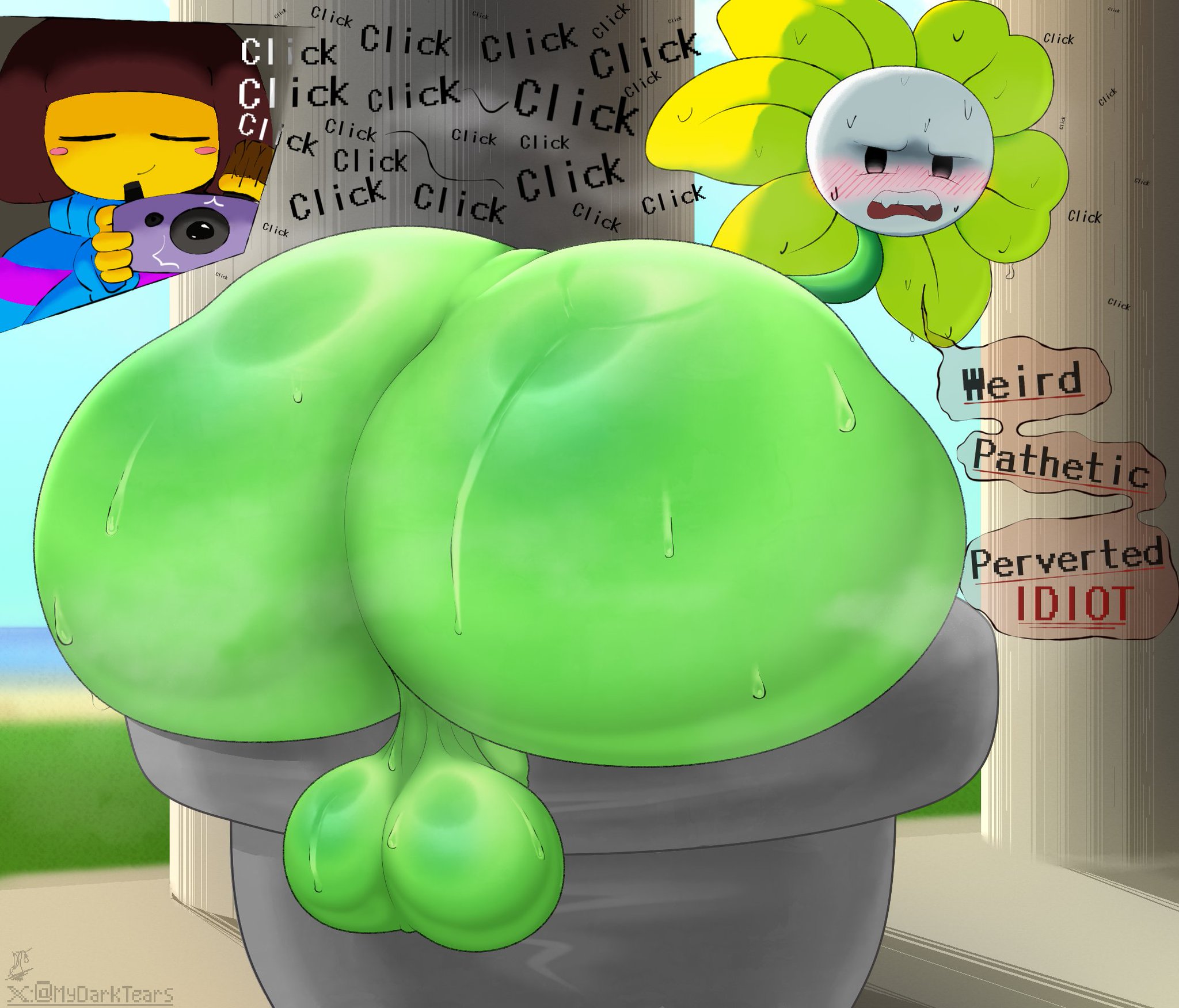 1femboy, 2025, 2d, ass, ass bigger than head, balls, ballsack, big ass, big butt, blush, blush lines, blushing, bubble ass, bubble butt, butt bigger than head, dialogue, diamondtears, embarrassed, english, english dialogue, fat ass, fat butt, femboy, femboy focus, flora fauna, flowerpot, flowey the femboy, flowey the flower, flowey with nothing else but a massive ass, frisk, frisk (undertale), gigantic ass, humanoid genitalia, humanoid penis, looking back, male, male only, monster, motion lines, mydarktears, naked, no humans, non-human, non-human only, nude, penis, pot, potted plant, shaking ass, sweat, sweatdrop, sweating, sweaty, sweaty ass, sweaty balls, testicles, undertale