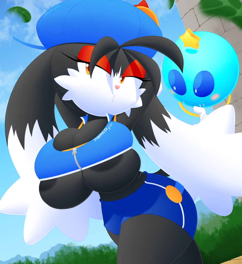 1boy 1girls anthro areolae areolae_slip breasts female_focus furry genderswap_(mtf) huepow huge_breasts klonoa klonoa_(series) large_breasts namco rule_63 slickehedge sportswear tight_clothing