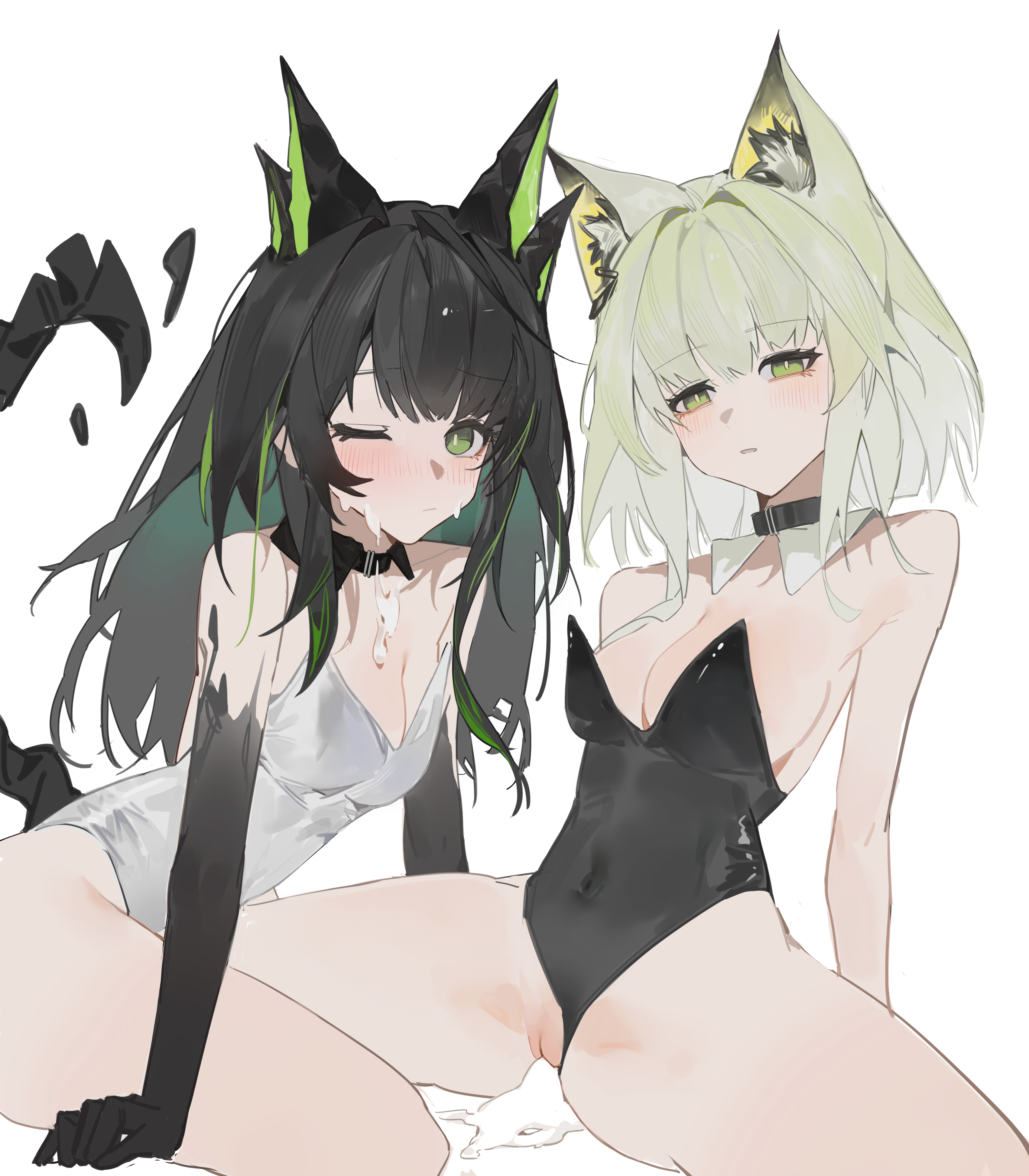2girls, arknights, black hair, bunnysuit, cum, cum in pussy, cum on face, female, female only, green eyes, kal'tsit (arknights), leaking cum, mon3tr (arknights), pussy, white hair