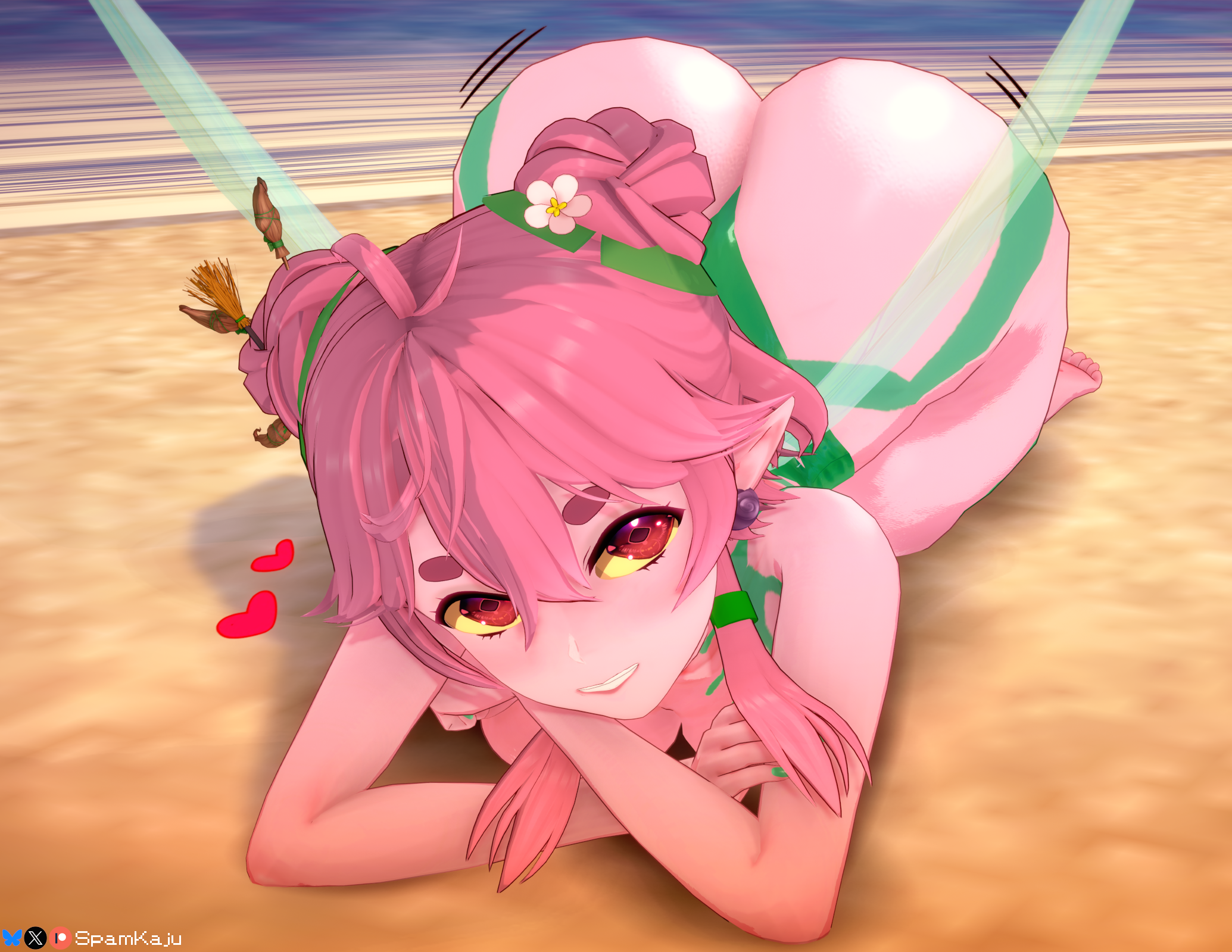 1girls, arched back, ass, ass focus, ass up, beach, bending forward, big ass, booty, breast squish, breasts, earrings, fairy, fairy wings, feet, female, female focus, female only, flower, flower in hair, froggyloch, hair bun, hair ornament, heart, indie virtual youtuber, jewdizoss, large ass, leaning forward, looking at viewer, massive ass, ocean, on knees, one-piece swimsuit, outdoors, outside, pink hair, pink skin, red eyes, sand, short hair, sidelocks, skin markings, skin tight, smile, solo, spamkaju, swimsuit, thick, thick ass, thick thighs, thighs, virtual youtuber, vtuber, water, yellow sclera