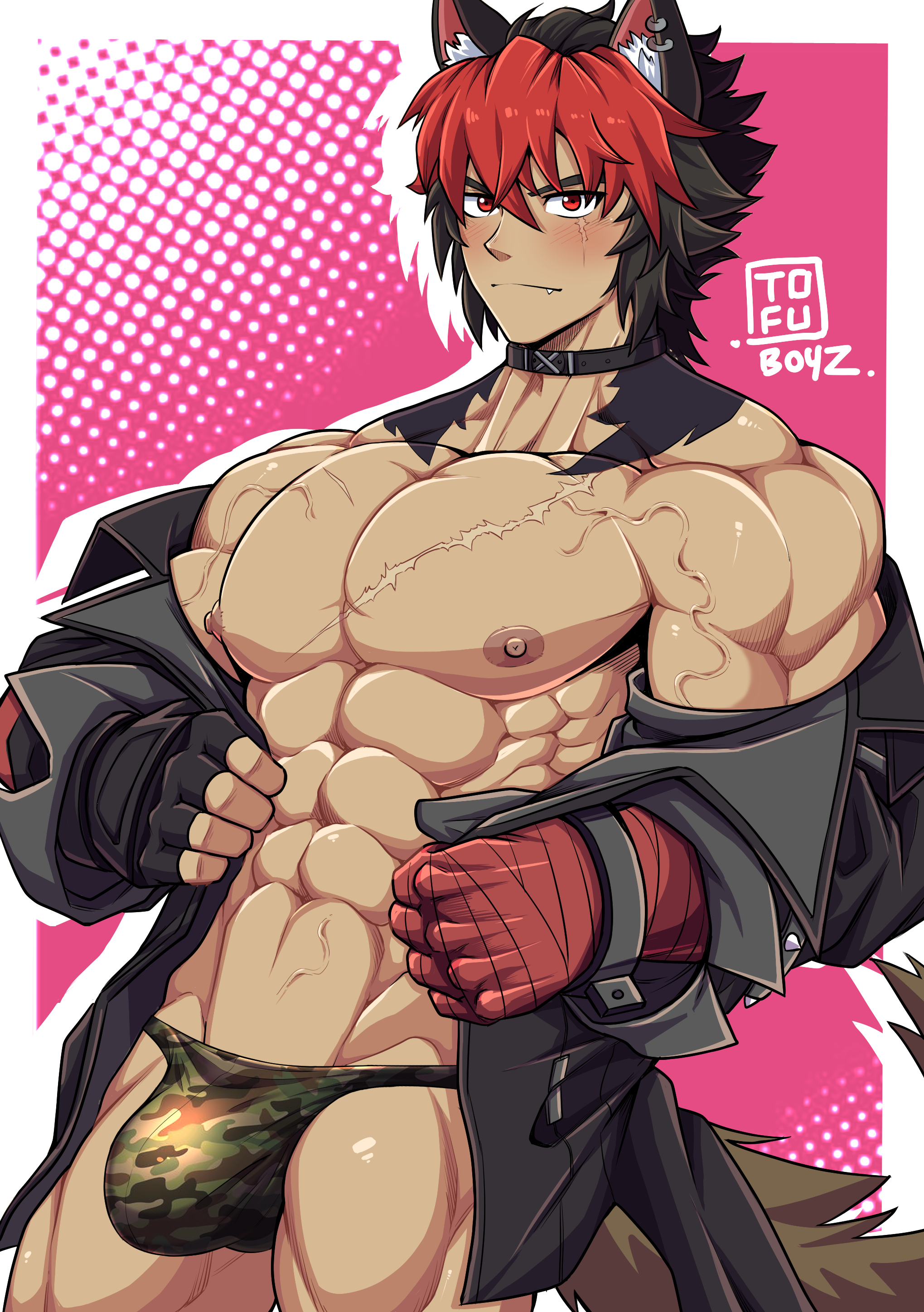 1boy, abs, bulge, flaccid, komano manato, male, male only, navel, nipples, pecs, scar, solo, tagme, thiren, tofuboyz, underwear, veins, zenless zone zero