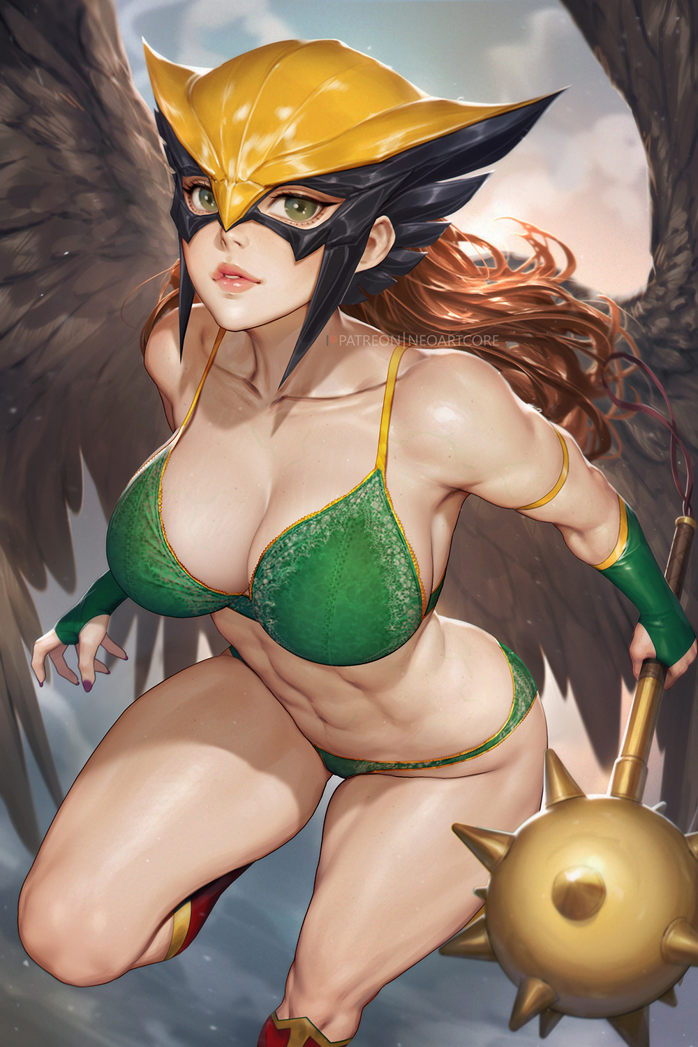 abs, bra, breasts, brown hair, brown wings, cleavage, cloud, collarbone, dc, dc comics, english commentary, feathered wings, female, green bra, green eyes, green panties, hawkgirl, highres, holding, holding mace, holding weapon, large breasts, lips, mace, mask, mixed-language commentary, neoartcore, panties, parted lips, patreon username, purple nails, sky, solo, spiked mace, spikes, stomach, thai commentary, underwear, weapon, wings