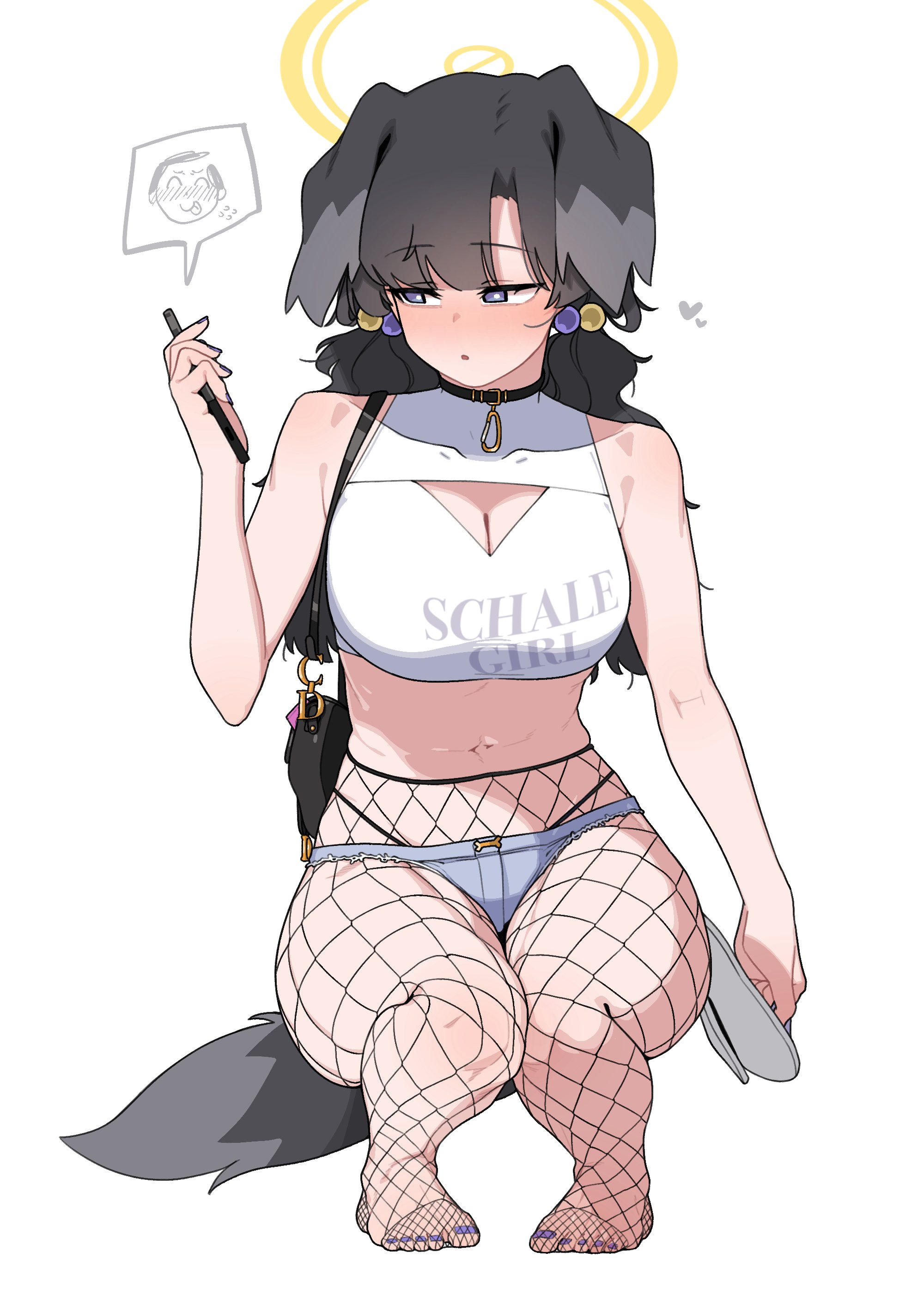 blue archive, female, fishnets, hibiki (blue archive), oddsnail, phone, shorts, tail