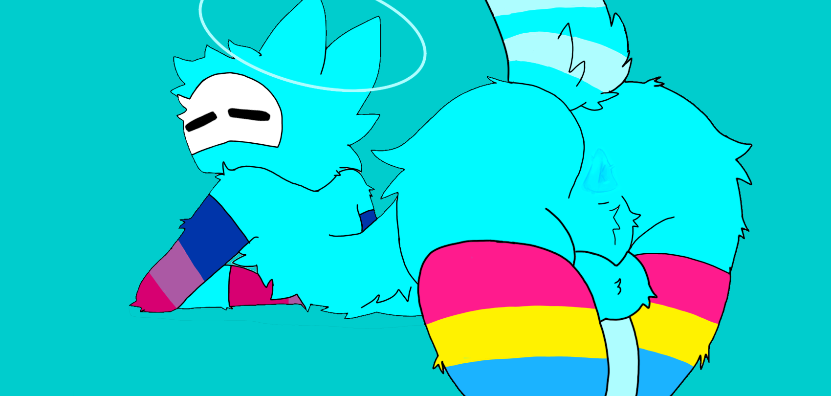 balls, bisexual pride colors, cute, cyan fur, fluffy body, fluffy tail, kaiju paradise, kit (kittsp), male, pansexual pride colors, penis, presenting, presenting ass, presenting balls, presenting penis, slime pup (kaiju paradise)