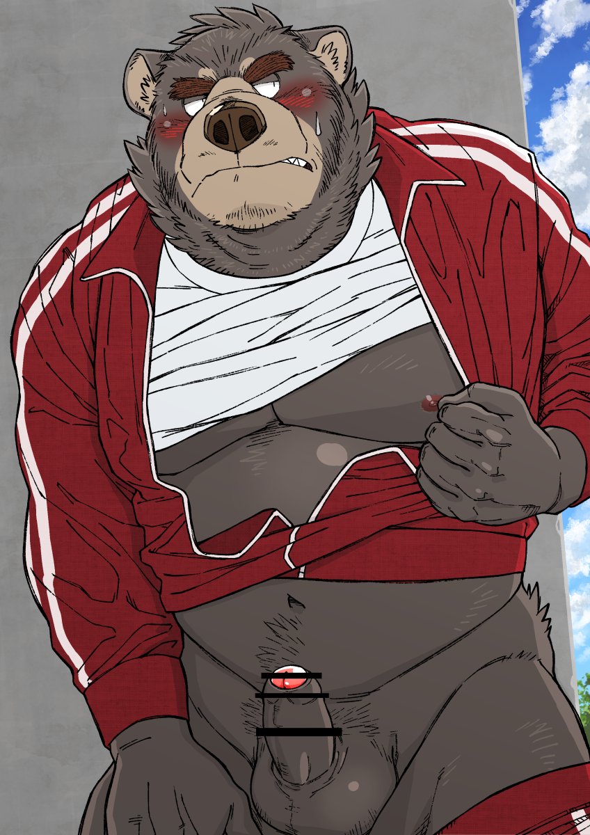 1boy 2021 anthro balls belly big_balls black_body black_fur blush bodily_fluids erection fur genitals hi_res humanoid_genitalia humanoid_hands humanoid_penis kemono male male_only mammal moobs nipples outside overweight overweight_anthro overweight_male penis ryuta-h solo sweat ursid