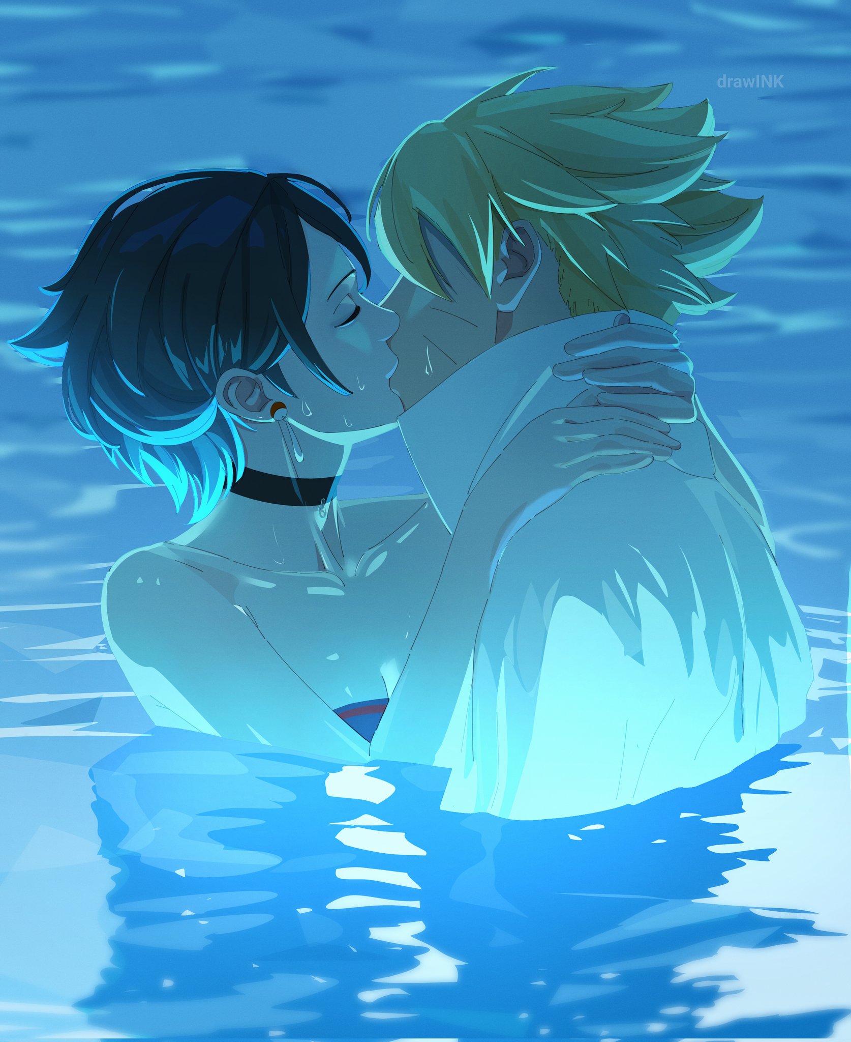 1boy, 1girls, 2025, 2d, 2d (artwork), bath, bathing, boruto: two blue vortex, closed eyes, clothed, clothed bath, clothed female, clothed male, drawink, eyes rolling back, female, hetero, imminent sex, kissing, male, messy hair, naruto, naruto (series), non-nude, not porn, questionable, sarada uchiha, sfw, shounen jump, straight, teenage female, teenage male, teenager, teenager on teenager, uzumaki boruto, wholesome