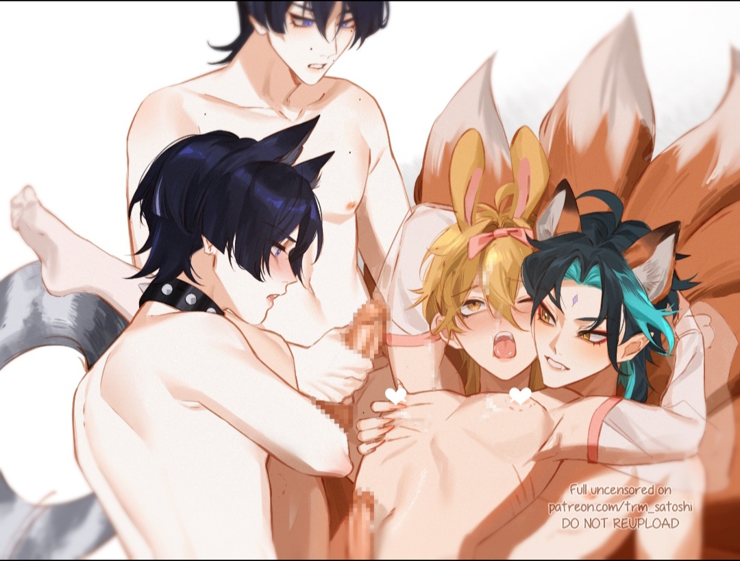 aether (genshin impact), anal, blonde, braided, cat boy, cat ears, catboy, censored, double penetration, erection, gay, genshin impact, hair, hard, hardcore, insertion, male, masturbation, mosaic censoring, only, open mouth, penetrating, penis, satoshoshi, scaramouche (genshin impact), sex, shy, submissive, threesome, wanderer (genshin impact), xiao (genshin impact)