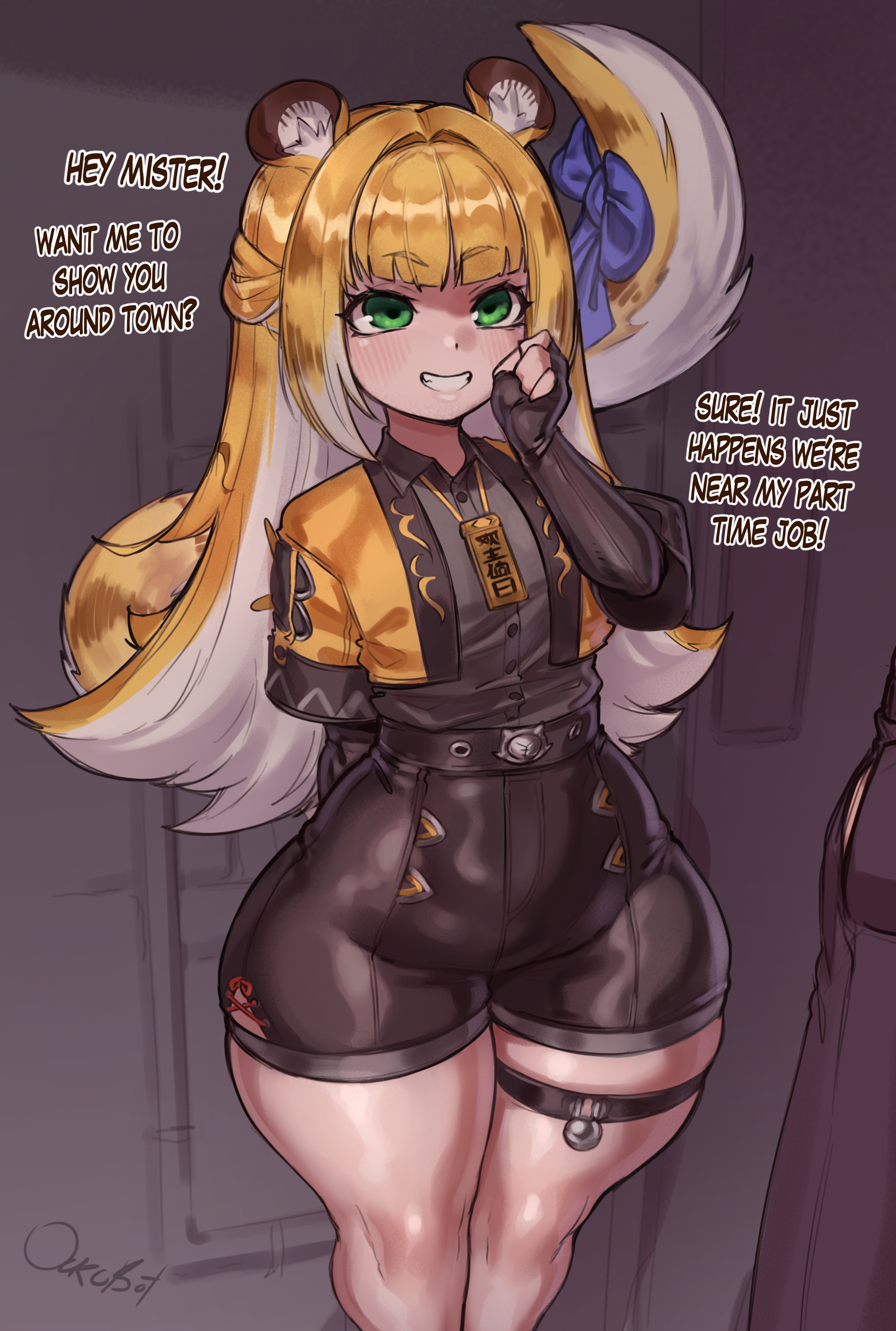 1girls, animal ears, ass, ass bigger than head, big ass, blunt bangs, blush, bottom heavy, bratty, breasts, bubble ass, bubble butt, cat tail, clothing, english text, feline, female, female focus, female only, flat chest, green eyes, high resolution, huge ass, ju fufu, kemonomimi, light-skinned female, long hair, looking at viewer, orange hair, ourobot, paid reward, sfw, short shorts, shorts, skindentation, solo, solo female, tagme, text, thick thighs, thigh strap, thighhighs, thighs, thiren, tiger ears, tiger girl, tiger print, tiger tail, tight clothing, two-tone hair, very high resolution, wide hips, zenless zone zero