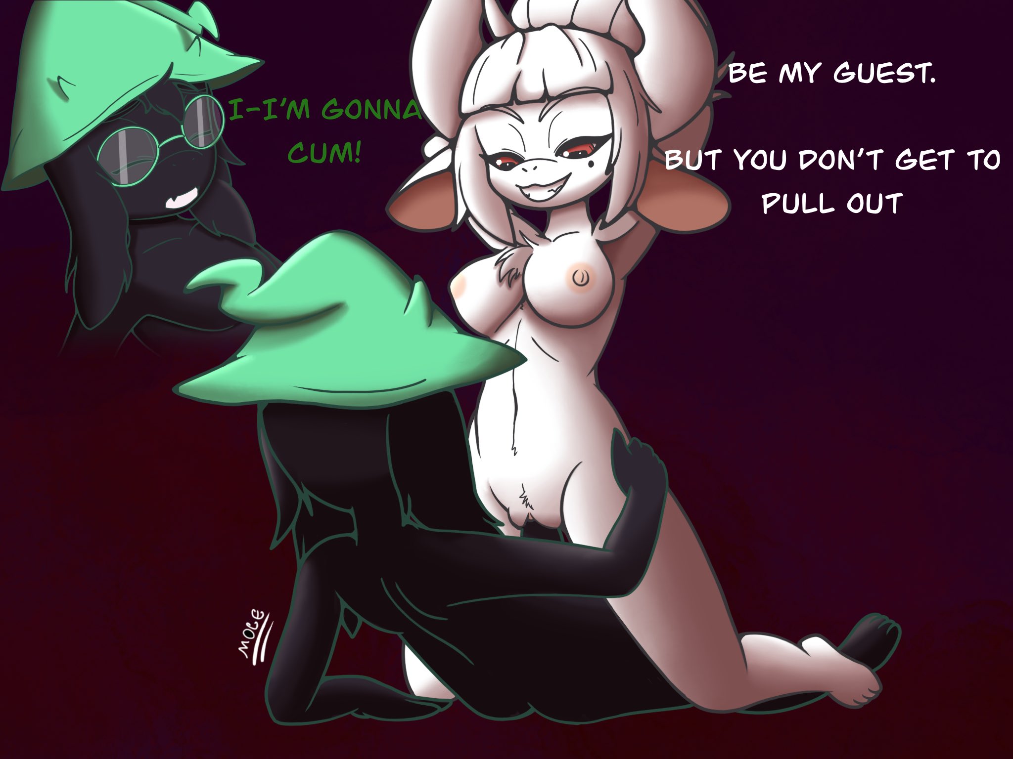 1boy, 1girls, 2d, anthro, anthro male, anthro on anthro, anthro penetrating, breasts, caprine, completely nude, completely nude female, completely nude male, crossover, deltarune, demon, demon girl, dialogue, english dialogue, english text, eyes closed, female, female anthro, female penetrated, furry, furry male, goat, goat lucifer (helltaker), hands behind head, helltaker, huge horns, lucifer (helltaker), male, male anthro, male penetrating, male penetrating female, manwiththemole, nipples, nude, nude female, nude male, older female, penetration, pussy, ralsei, riding, sex, small breasts, smug face, straight, talking, talking to partner, text, undertale (series), vagina, vaginal, vaginal penetration, vaginal sex, younger male