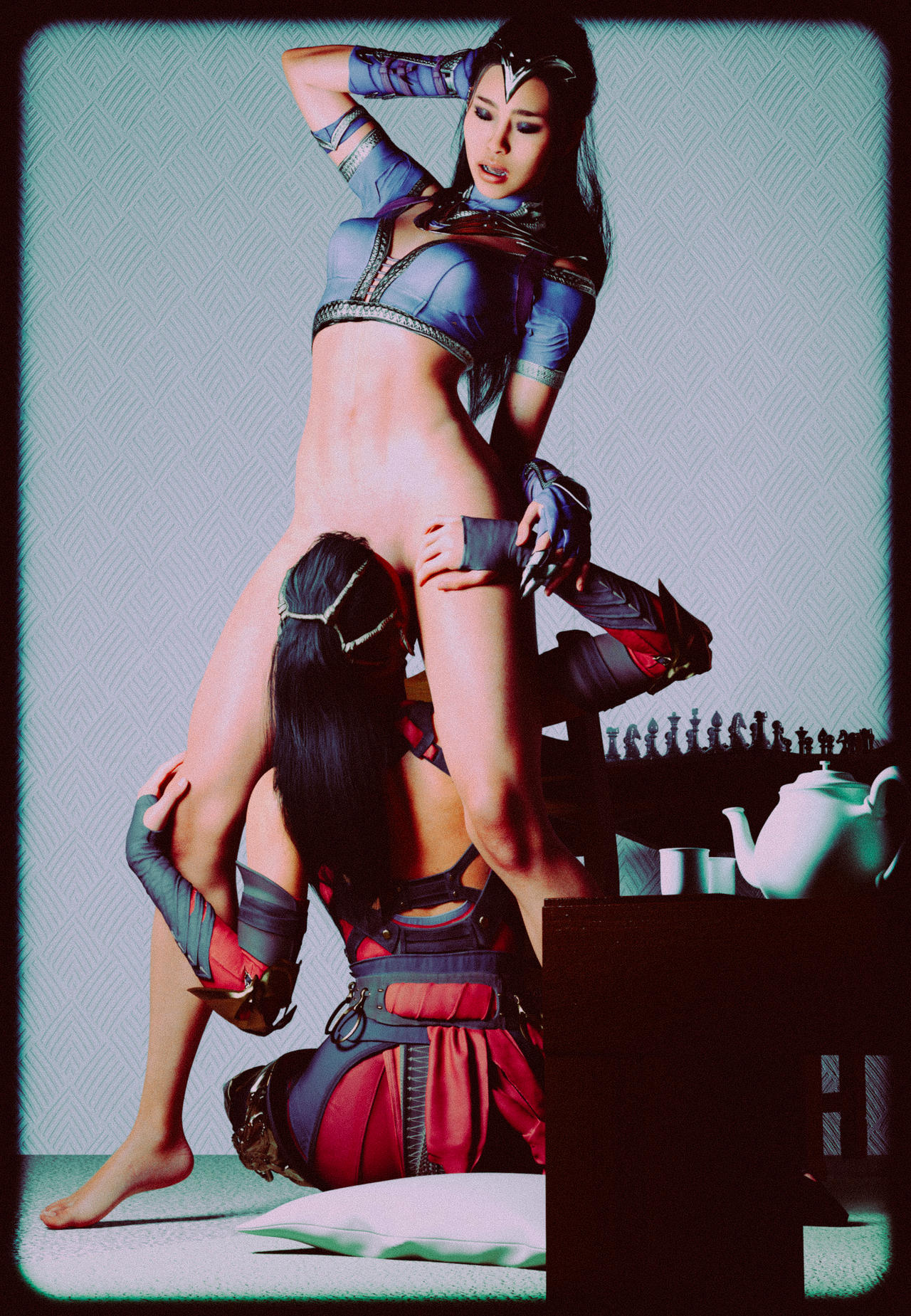 2girls, 3d, abs, ass, black hair, breasts, cunnilingus, curvy figure, dark hair, eating out, eating pussy, eyes open, face in pussy, female, female only, fit female, half dressed, hand on thigh, incest, kitana, legs apart, legs spread, light-skinned female, mature, mature female, mileena, mortal kombat, mortal kombat 1 (2023), netherrealm studios, oral, oral sex, orgasm, orgasm face, polaroid photo, princess, pussy, rayalterego23, sisters, standing, thighs, tongue in pussy, twincest, twins, voluptuous, voluptuous female, yuri