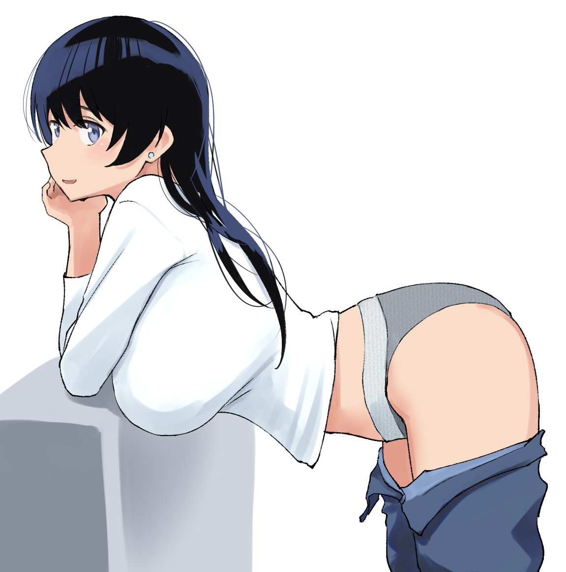arato nagi, bent over, black hair, breasts, clothes pull, commentary, denim, earrings, elbow rest, female, from side, grey panties, head rest, jeans, jewelry, large breasts, long hair, long sleeves, looking at viewer, open mouth, panties, pants, pants pull, ruri no houseki, shirt, smile, solo, sports panties, stud earrings, underwear, wa (genryusui), white background, white shirt