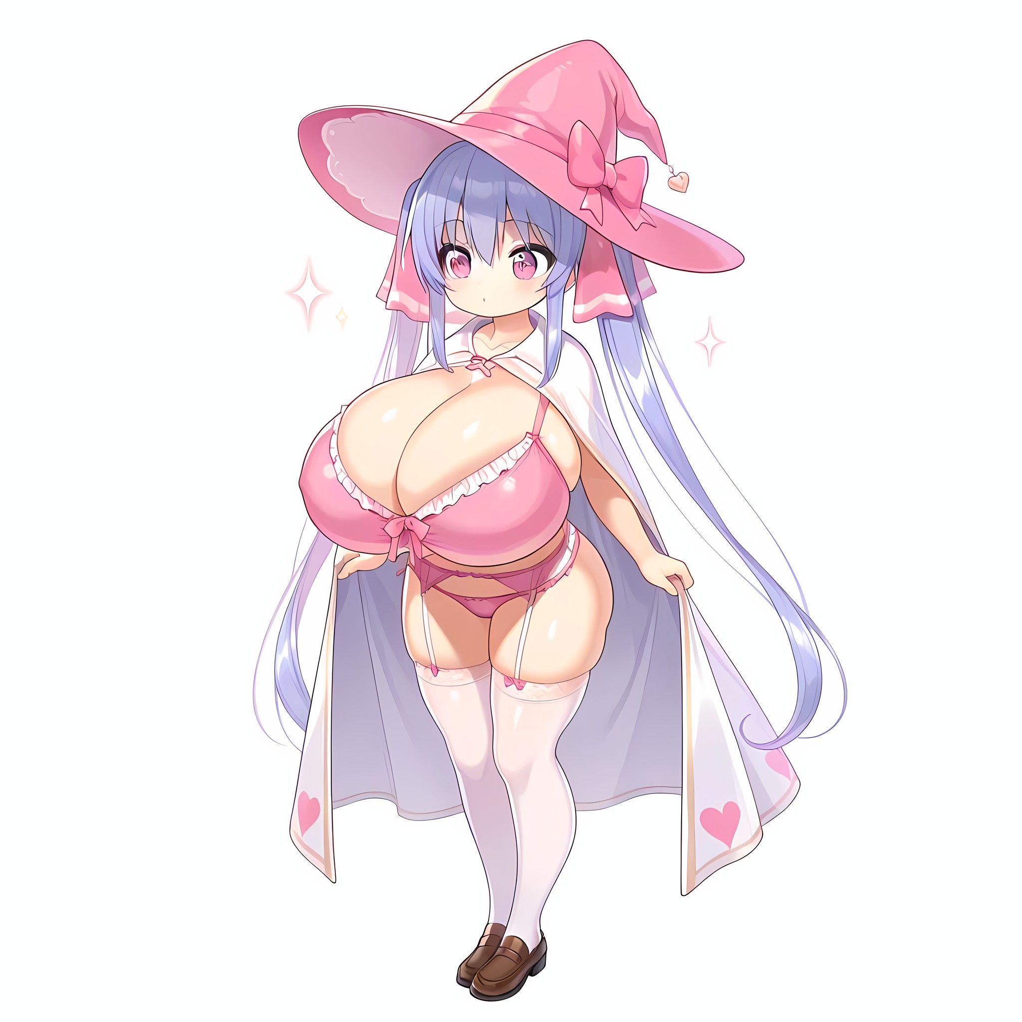 adorable, ai generated, big breasts, blue hair, blush, breasts, cleavage, cloak, collarbone, cute, female, garter belt, garter straps, huge breasts, lingerie, long hair, narrow shoulders, pink eyes, riko (shuz), shiny clothes, shiny hair, shiny skin, shortstack, slim waist, solo, sparkles, stockings, thick thighs, thighhighs, wide hips, witch, witch hat, yodayo