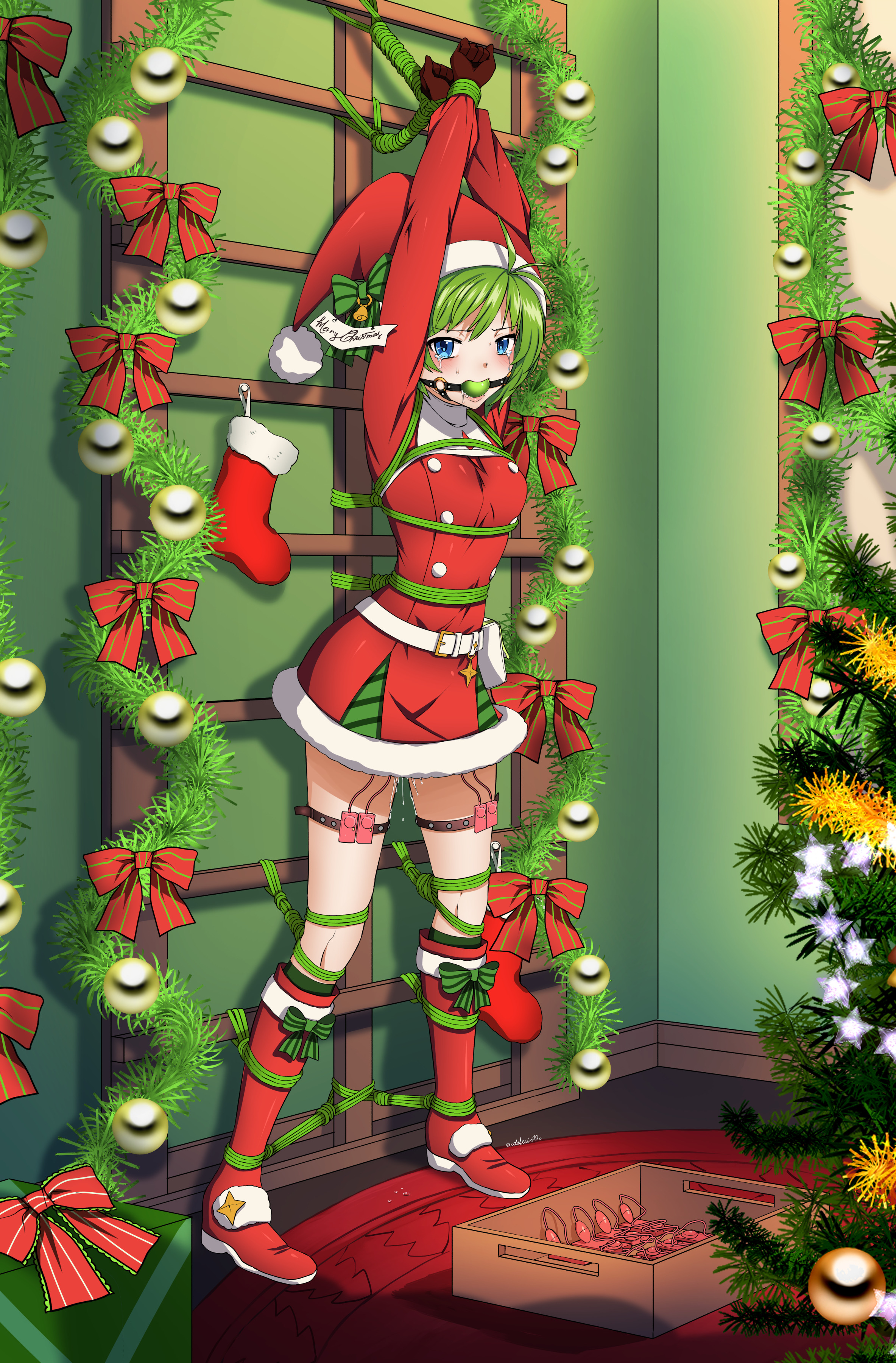 1girls, angry, arms tied, arms up, ball gag, blue eyes, blush, bondage, christmas, clothed, clothing, crying, crying with eyes open, dress, dripping, drooling, eudetenis, female, fire emblem, fire emblem: the blazing blade, forced orgasm, gag, gagged, green hair, nino (fire emblem), pussy, pussy juice, santa hat, sweat, tears, vibrator, vibrator in pussy, wet