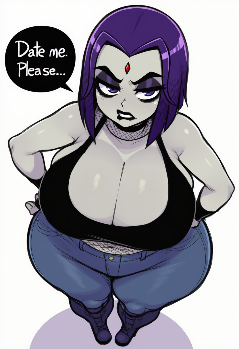 1girls, ai generated, alternate breast size, angry expression, angry face, ass, big ass, big breasts, biting lip, biting own lip, black lipstick, booty, breasts, chubby, chubby female, cleavage, dc, dc comics, dialogue, english text, female, female only, goth, grey body, hands on hips, hips, huge ass, huge breasts, jeans, large ass, large breasts, lips, lipstick, lubbasdump, midriff, raven (dc), solo, tank top, teen titans, text, wide hips