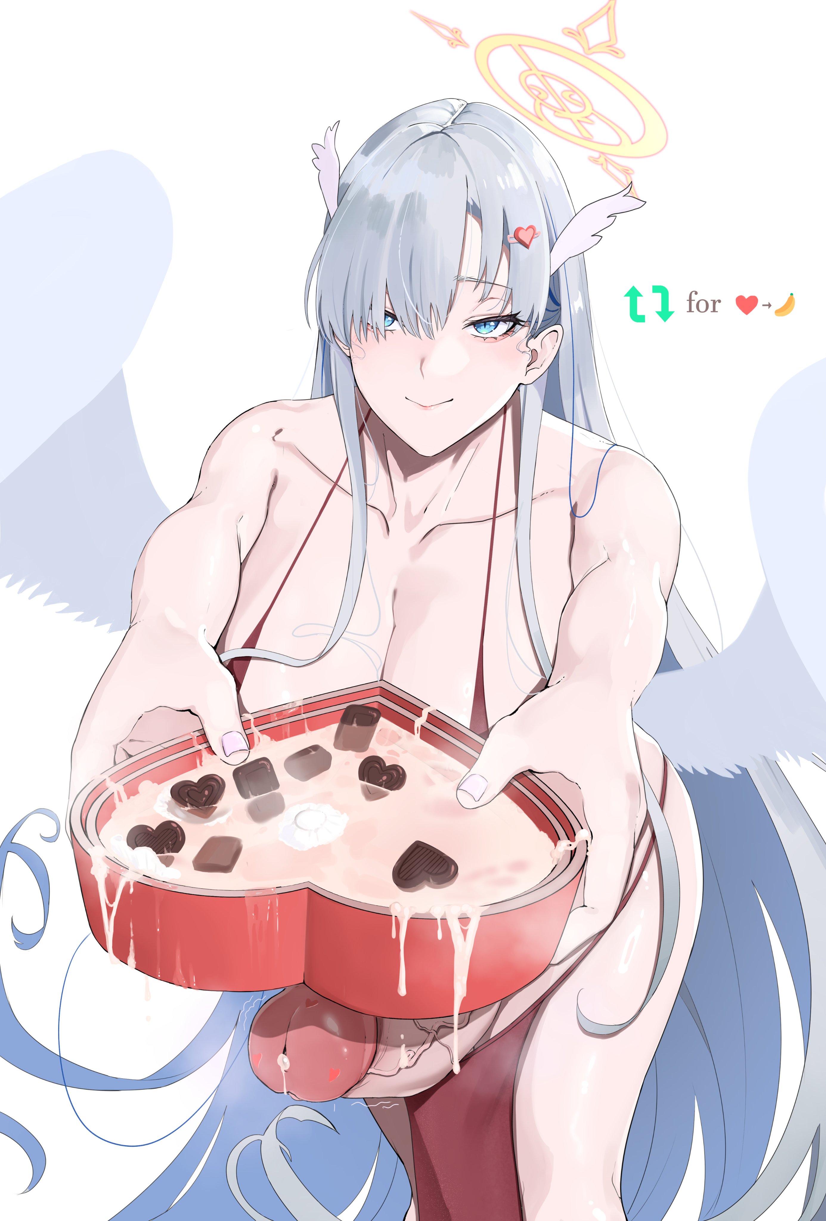 alternate version at source, apron only, candy, cum on food, food fetish, food play, futanari, halo, intersex, lewdlinly, offering to viewer, penis, wings