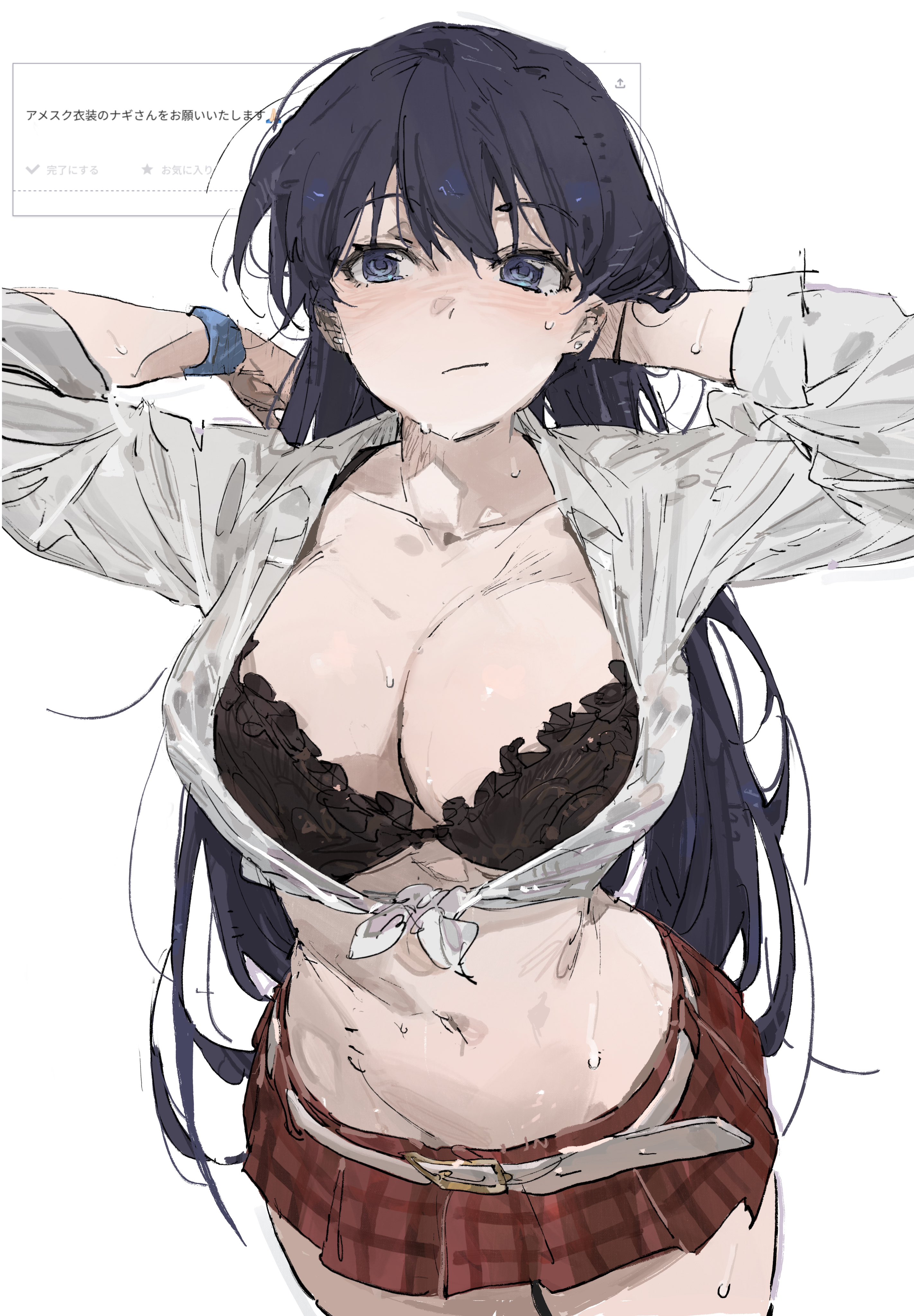 :/, 1girls, absurdres, arato nagi, arms behind head, belt, belt buckle, black bra, black hair, blue eyes, blush, bra, bra cups sticking out, breasts, buckle, cleavage, collarbone, collared shirt, cowboy shot, earrings, female, frilled bra, frills, front-tie top, hair between eyes, hand in own hair, highres, huge breasts, japanese text, jewelry, large breasts, le (szs0k), light blush, long black hair, long hair, looking to the side, microskirt, midriff, navel, nose blush, open clothes, open shirt, plaid clothes, plaid skirt, pleated skirt, raised eyebrows, red skirt, request inset, ruri no houseki, shirt, short skirt, simple background, skirt, sleeves rolled up, solo, solo female, solo focus, stomach, stud earrings, sweat, tied shirt, underwear, very long hair, white background, white belt, white shirt, wristband