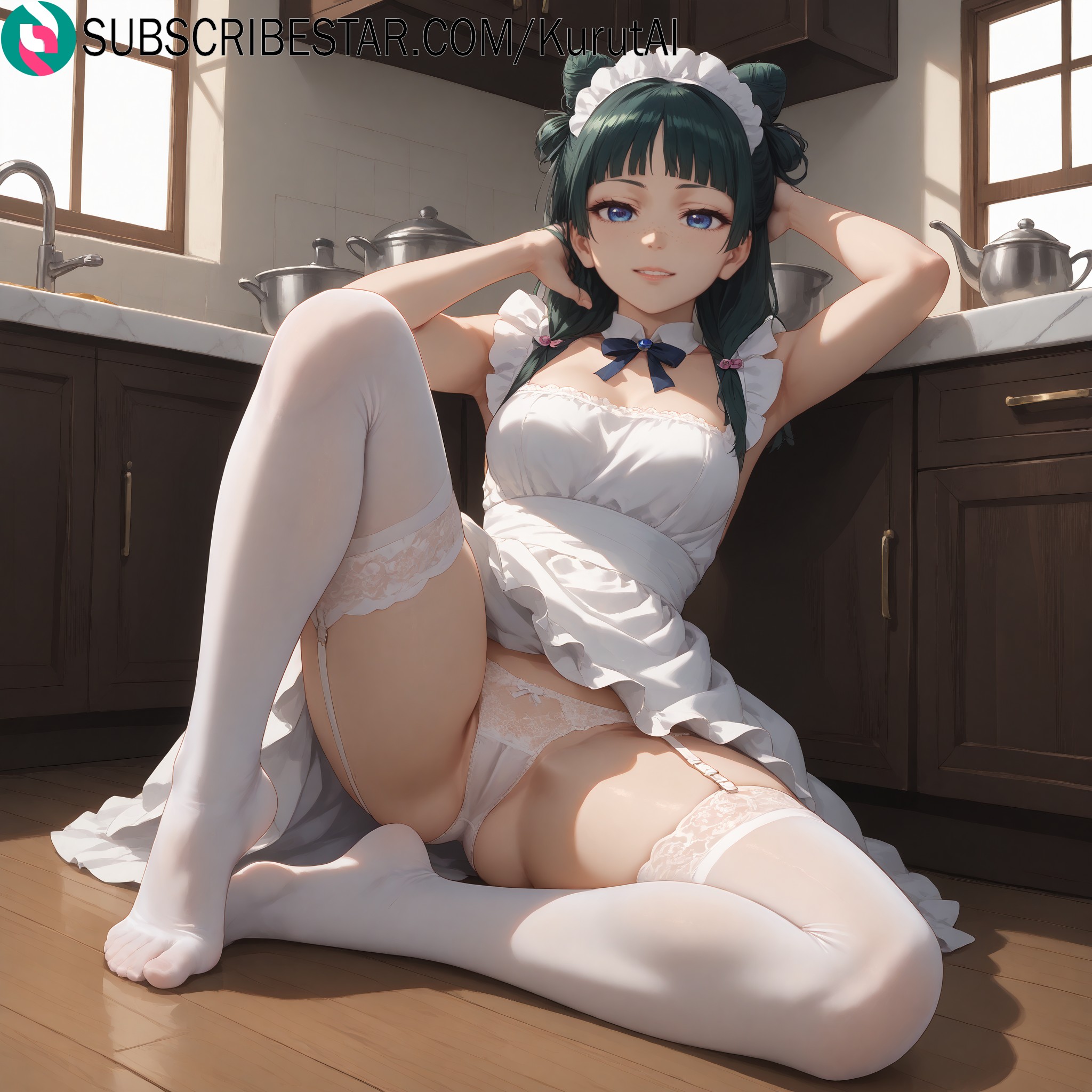 1girls, ai generated, apron, armpits, artist name, artist signature, blue eyes, blunt bangs, bow, bowtie, breasts, cameltoe, detached collar, dress, feet, female, female only, frills, garter belt, garter straps, green hair, hair bun, hair ornament, hi res, high resolution, highres, indoors, kitchen, knee up, kurutai, kusuriya no hitorigoto, legs, long hair, looking at viewer, maid, maid headdress, maomao (kusuriya no hitorigoto), medium breasts, panties, sitting, smile, solo, spread legs, subscribestar, subscribestar username, thighhighs, thighs, toes, twintails, uncensored, underwear, white apron, white panties