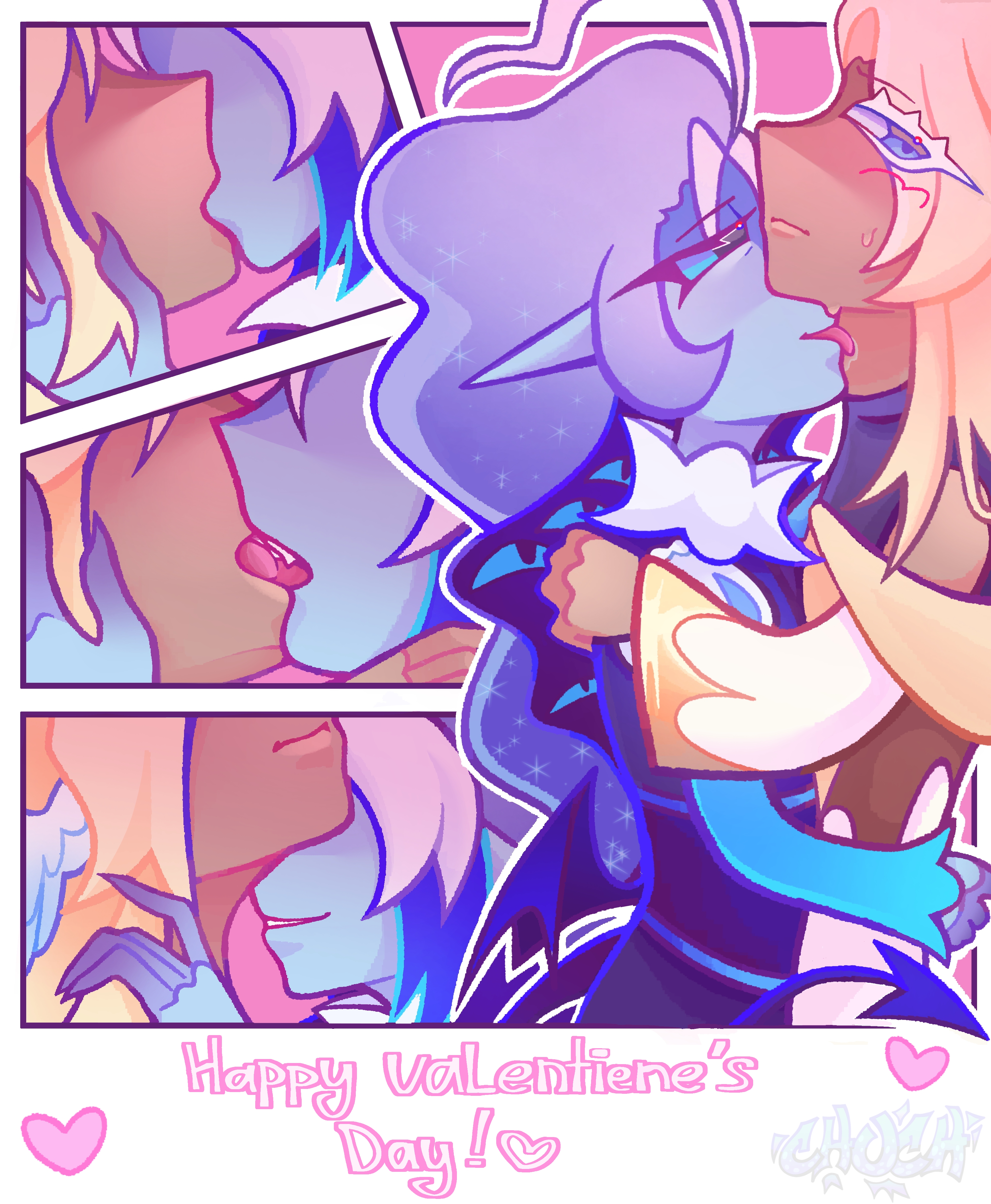 2boys, 2d, 2d (artwork), 2d artwork, blonde hair, blue eyes, blue hair, blue skin, clothed, cookie run, cookie run kingdom, cookie run ovenbreak, fully clothed, kissing, licking neck, licking penis, male only, pure vanilla cookie, saliva, shadow milk cookie, sweat, sweatdrop, tan skin