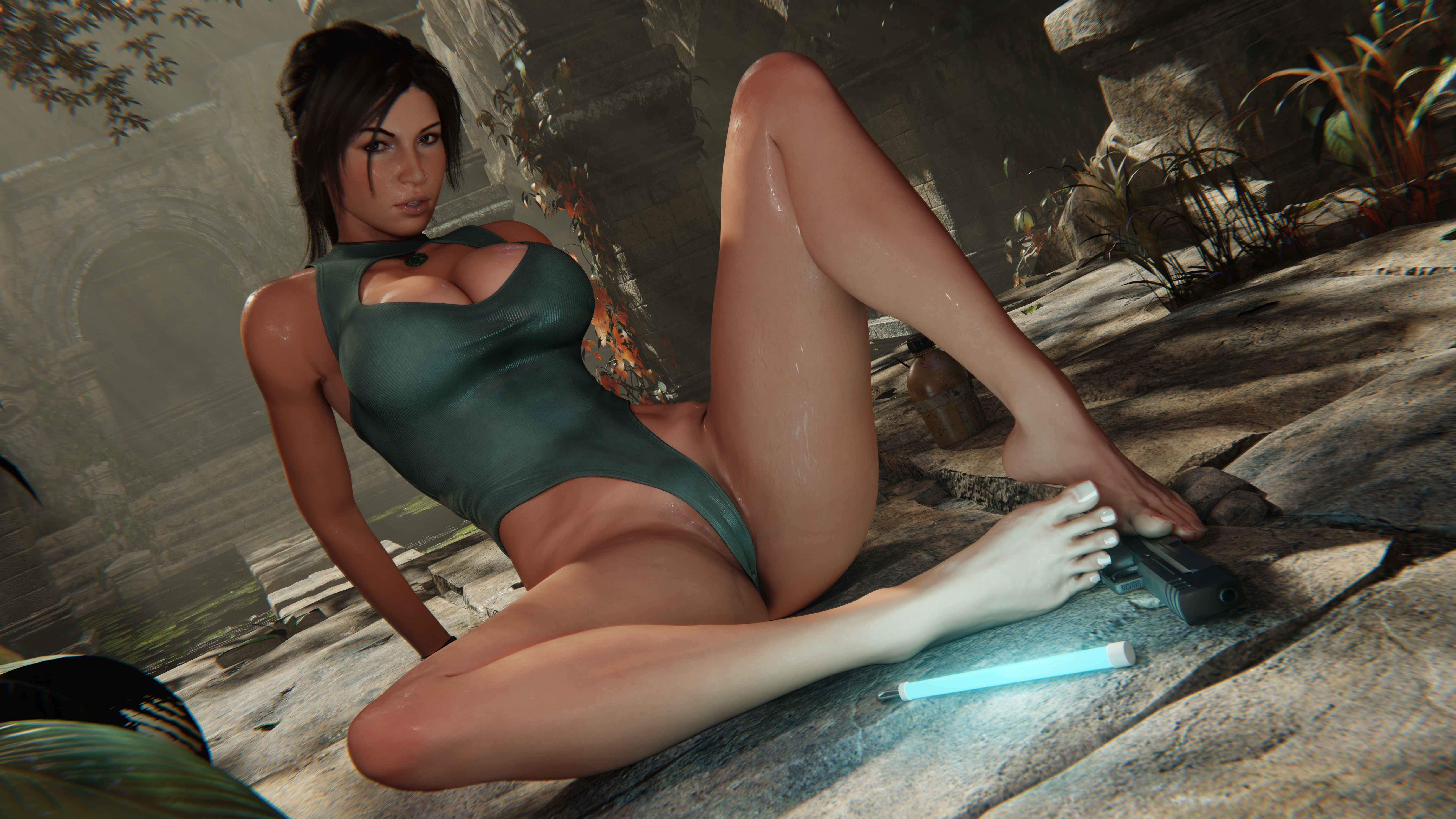 1girls, 3d, barefoot, big breasts, bodysuit, breasts, brown eyes, brown hair, busty, cameltoe, cleavage, cleavage cutout, clothing, feet, female, female focus, female only, firearm, handgun, high resolution, highres, human, jewelry, lara croft, lara croft (survivor), large breasts, no eyewear, nose piercing, oil, oiled, oiled skin, oily, pendant, pinup pose, ponytail, pose, posing, pussy, sitting, spread legs, strauzek, sweat, sweating, sweaty, tagme, toenails, tomb raider, tomb raider (survivor), weapon, wet, wet body, wet clothes, wet skin