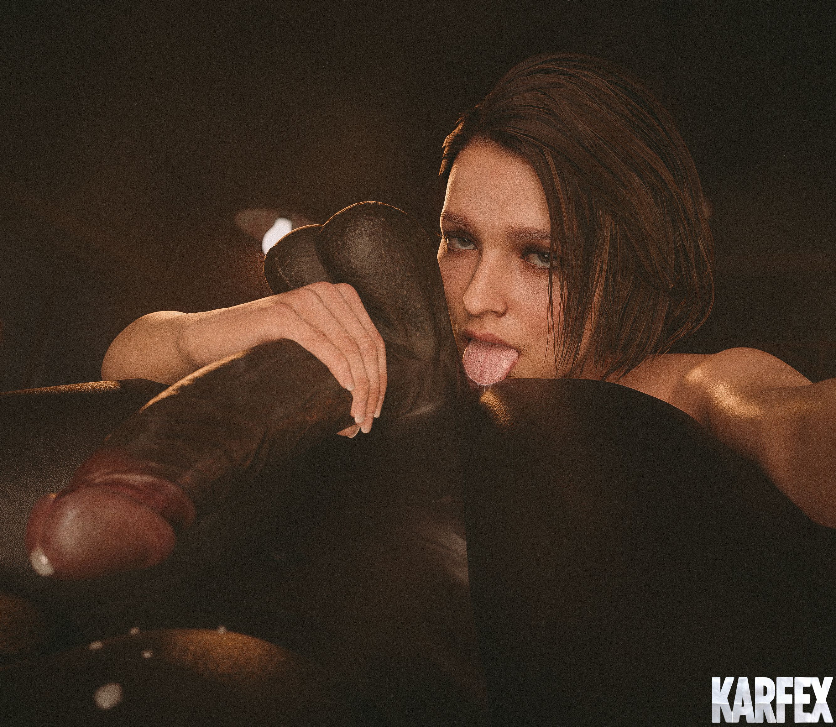 1boy, 1girls, 3d, 3d (artwork), balls, capcom, dark skin, dark-skinned male, female, handjob, huge balls, huge cock, interracial, jill valentine, jill valentine (sasha zotova), karfex, kissing ass, male, partial male, penis, resident evil, resident evil 3, resident evil 3 remake, rimjob, rimming, rimming male, stray pubic hair, stroking, stroking penis, tongue out, uncensored