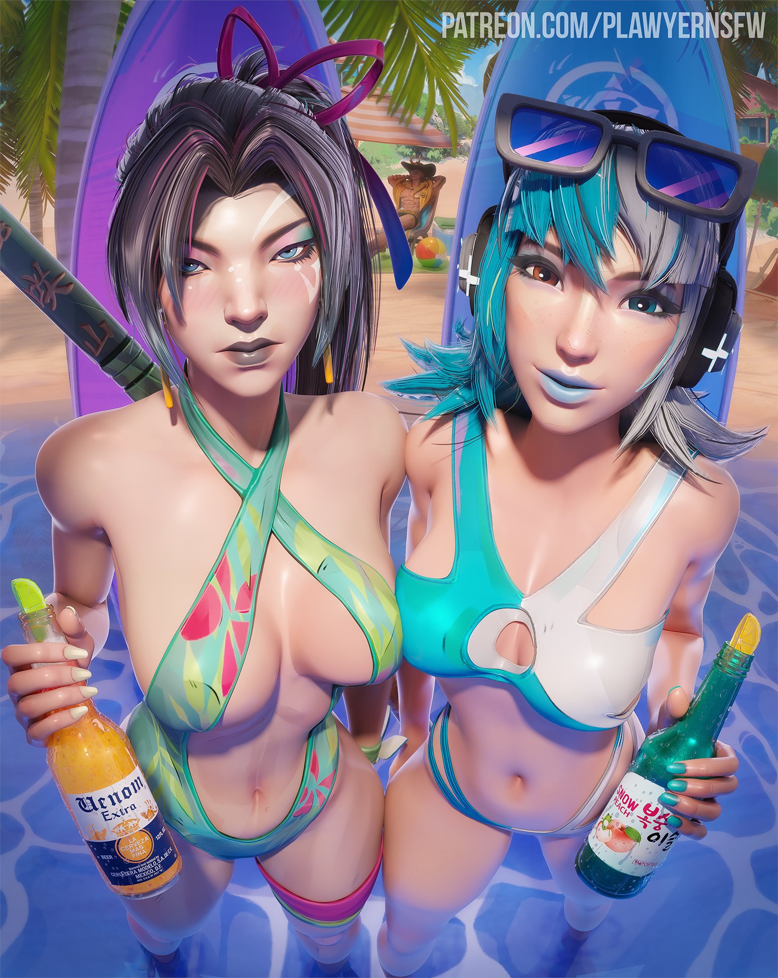 1boy, 2girls, 3d, bikini, breasts, cleavage, female, female torso, lawyernsfw, loki (marvel rivals), loki (marvel), loki (robe of relaxation), luna snow, luna snow (cool summer), luna snow (marvel rivals), male, marvel, marvel comics, marvel rivals, plawyer, psylocke, psylocke (sai) (breezy butterfly)