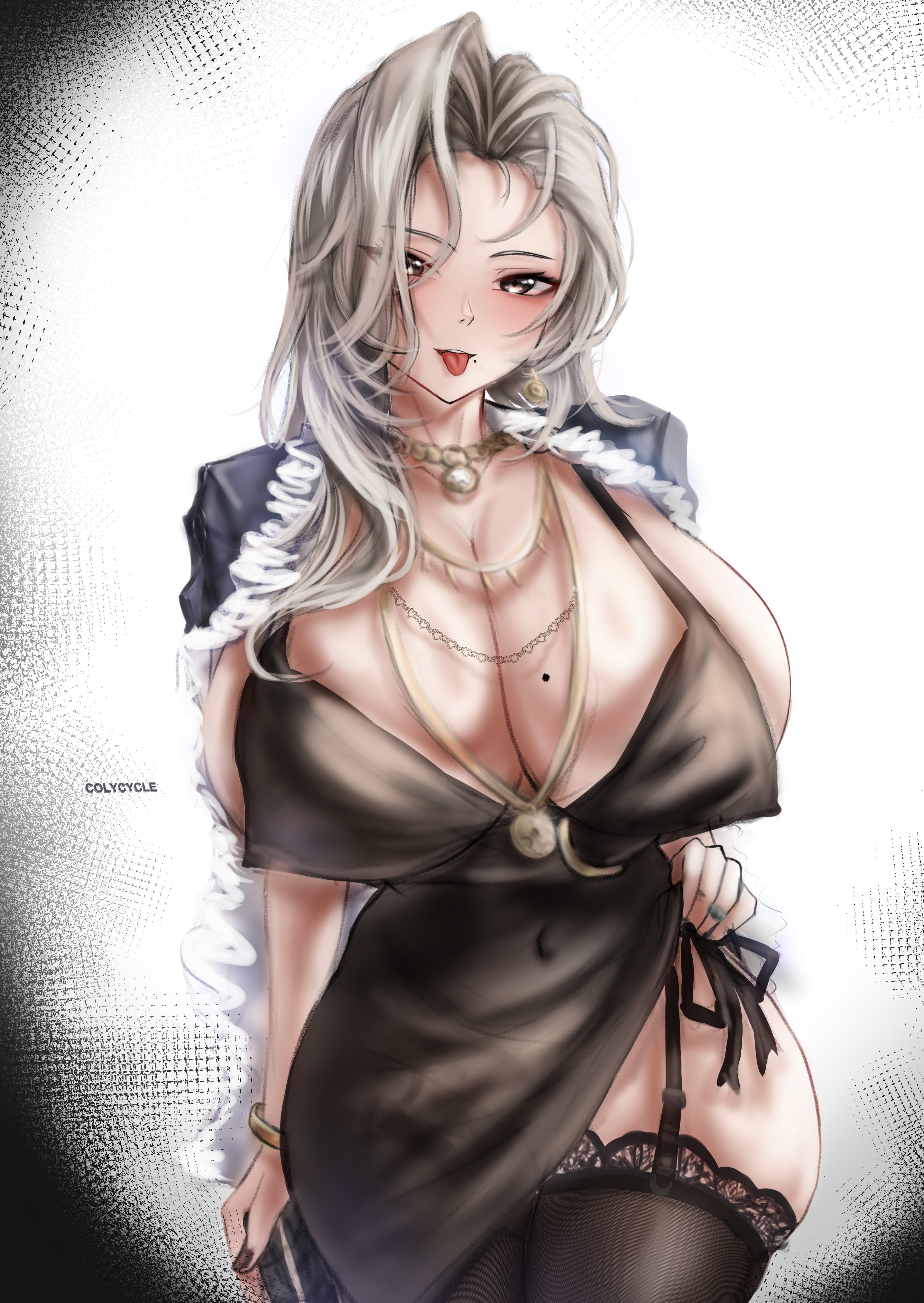 1girls, absurd res, artist name, blonde hair, blush, bracelet, breasts, cleavage, colycycle, dress, earrings, female, female only, goddess of victory: nikke, hand on hip, huge breasts, jacket, jacket on shoulders, jewelry, light skin, light-skinned female, long hair, looking at viewer, mole, mole on breast, mole under mouth, mrs. miss (nikke), navel visible through clothes, necklace, painted nails, ring, simple background, thighs, tongue, tongue out, torn legwear
