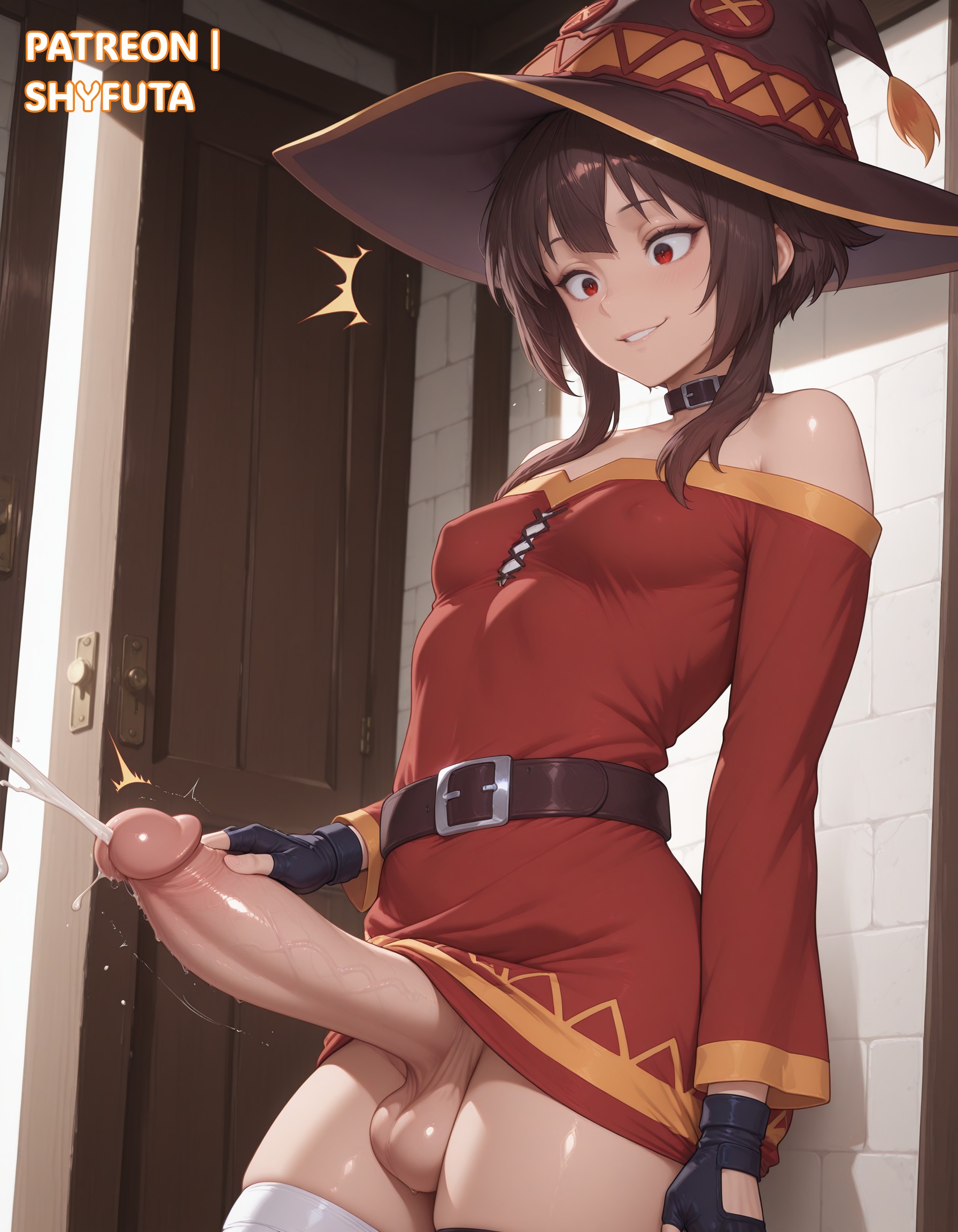 1futa, 2025, ai generated, balls, bare shoulders, big penis, breasts, brown hair, cock, dick, dickgirl, ejaculation, futa only, futanari, intersex, kono subarashii sekai ni shukufuku wo!, konosuba, light skin, light-skinned futa, looking at penis, masturbation, megumin, patreon, patreon username, penis, red eyes, short hair, shyfuta, small breasts, small waist, solo, solo focus, solo futa, stable diffusion, testicles, thighhighs, thighs, witch, witch hat