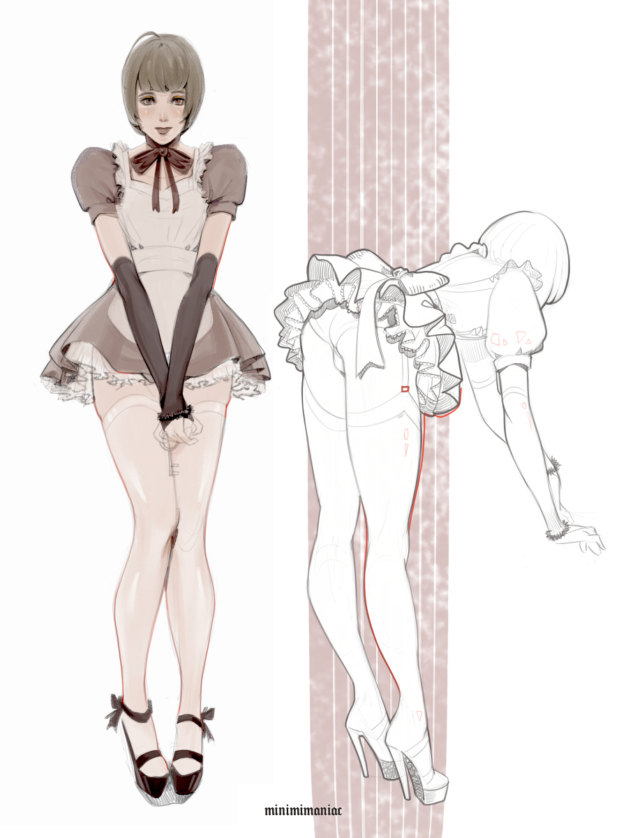 1boy, bent over, blush, bulge, crossdressing, femboy, fingerless gloves, frilled dress, frills, garter belt, gloves, high heels, long gloves, long legs, looking at viewer, maid uniform, male, male only, neck ribbon, original, panties, ribbon, ribbon choker, shy, sissy, smile, solo male, thighhighs, trap, upskirt
