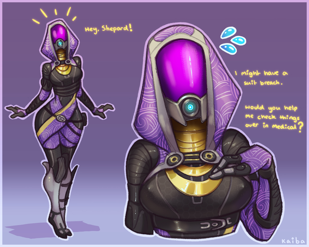 1girls alien bodysuit breasts dialogue digitigrade english_text helmet kaibagal mask mass_effect nipple_bulge nipples quarian solo solo_female solo_focus tali'zorah_nar_rayya text wide_hips