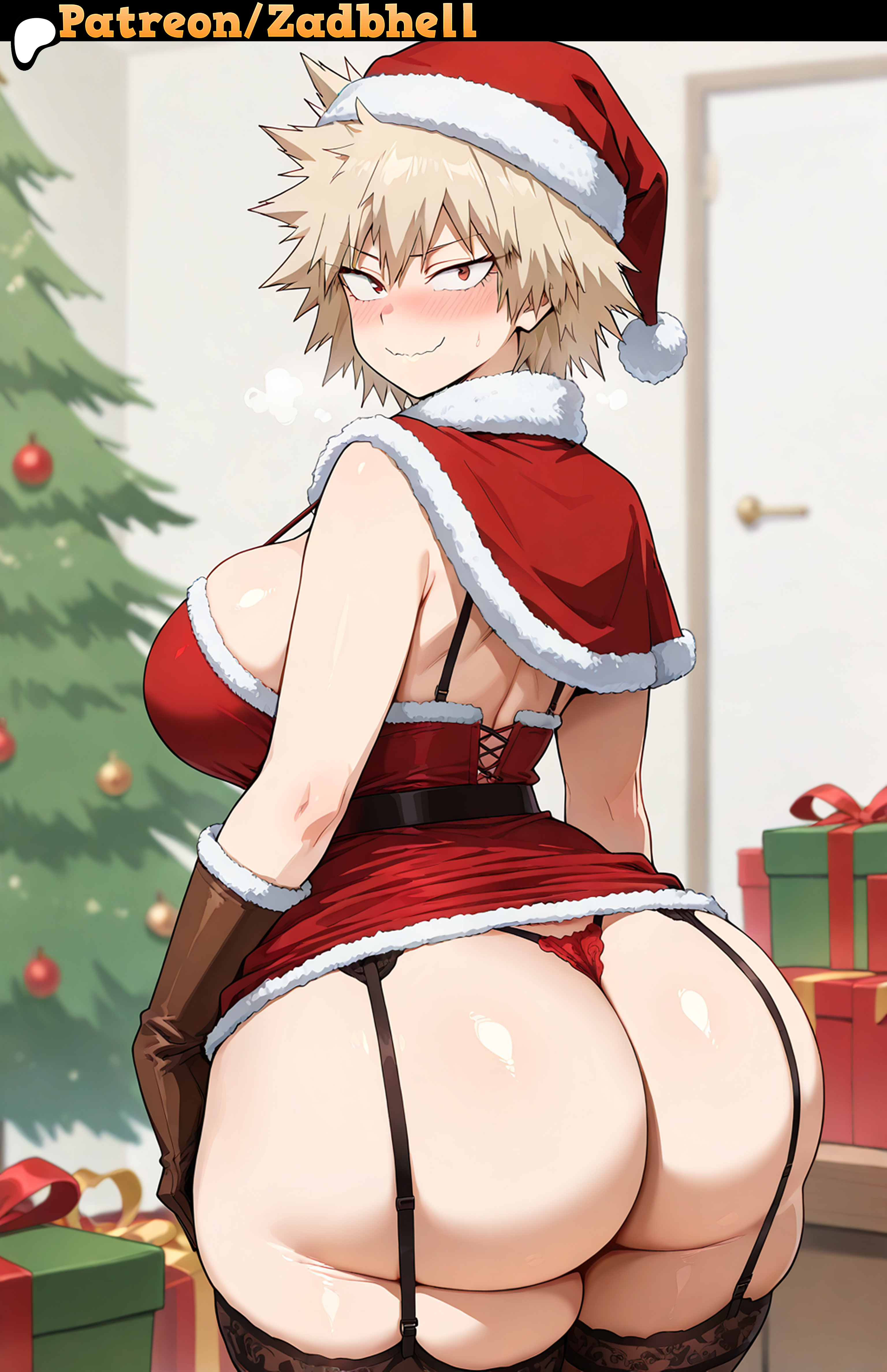 1girls, ai generated, ass, ass focus, big ass, big breasts, breasts, cameltoe, christmas, christmas clothing, christmas outfit, christmas tree, curvy, curvy figure, female, female only, hair, huge ass, huge breasts, light-skinned female, lingerie, mature female, mitsuki bakugou, my hero academia, pussy, smile, solo, thong, voluptuous, voluptuous female, zadbhell