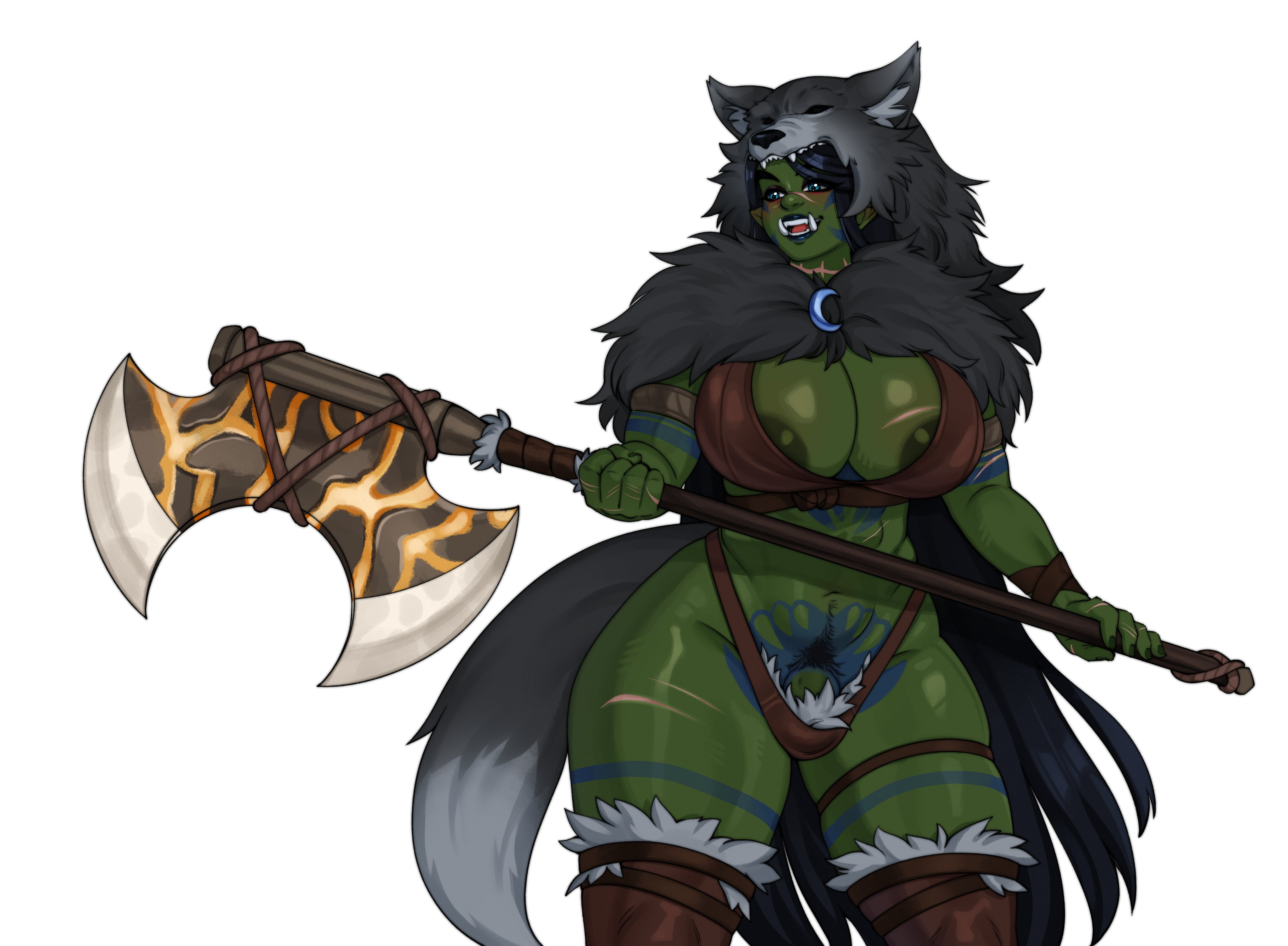 arona (coc2), artwithmoira, axe, battle axe, black hair, blue eyes, boots, breasts, breasts bigger than head, bulge, cock, corruption of champions, corruption of champions 2, corruption of champions ii, fantasy, futa only, futanari, green skin, green-skinned futa, hips, holding axe, holding battle axe, holding melee weapon, holding object, holding weapon, huge breasts, intersex, melee weapon, muscular, muscular futa, open mouth, orc, orc futa, penis, scar, skimpy, skimpy armor, solo, solo futa, tattoo, tattoos, thick thighs, thighs, weapon, wide hips, wolf headdress
