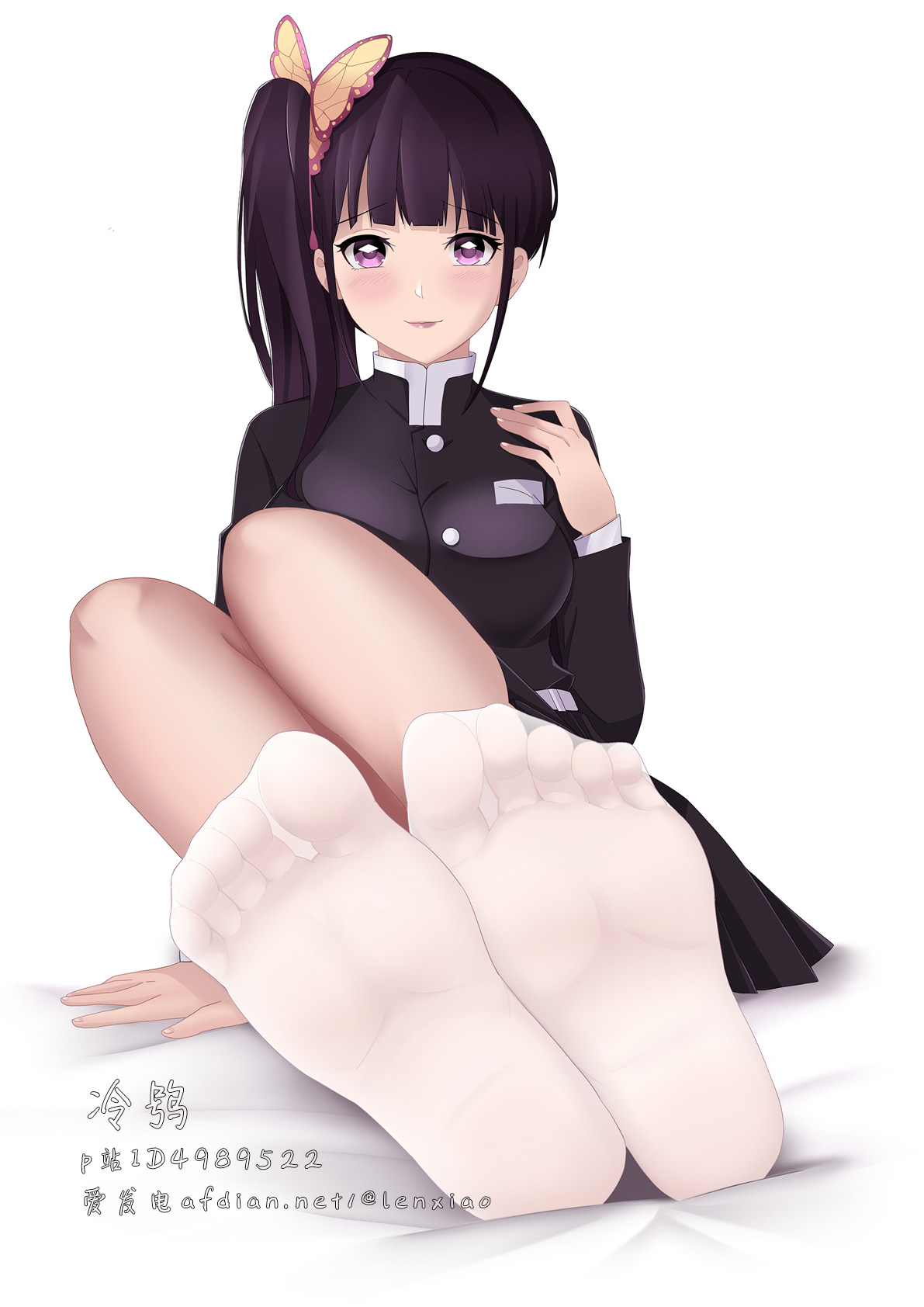 1girls, bangs, black hair, black-haired female, blush, butterfly hair ornament, demon slayer, feet, female, female only, foot fetish, foot focus, fully clothed, kimetsu no yaiba, lenxiao, long hair, looking at viewer, ponytail, purple eyes, see-through clothing, sheer legwear, side ponytail, signature, sitting, smile, socks, soles, solo, tsuyuri kanao, uniform, white socks