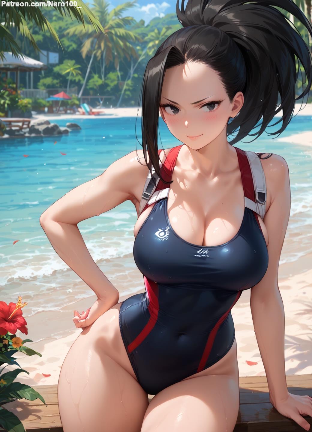 1girls, 2d, ai generated, ass, athletic, athletic female, bare shoulders, belly, big breasts, bikini, bikini bottom, bikini top, black eyes, black hair, black-haired female, boku no hero academia, breasts, chest, curvy, curvy figure, cute, cute face, detailed, eyelashes, eyeshadow, female, female only, fit, fit female, focus, green eyes, high quality, large breasts, legs, light skin, light-skinned female, lips, lipstick, looking at viewer, makeup, mascara, midriff, momo yaoyorozu, my hero academia, navel, outdoors, outside, pale skin, pale-skinned female, ponytail, posing, seductive, seductive look, stable diffusion, swimsuit, swimwear, tagme, thighs, thin thighs, thin waist
