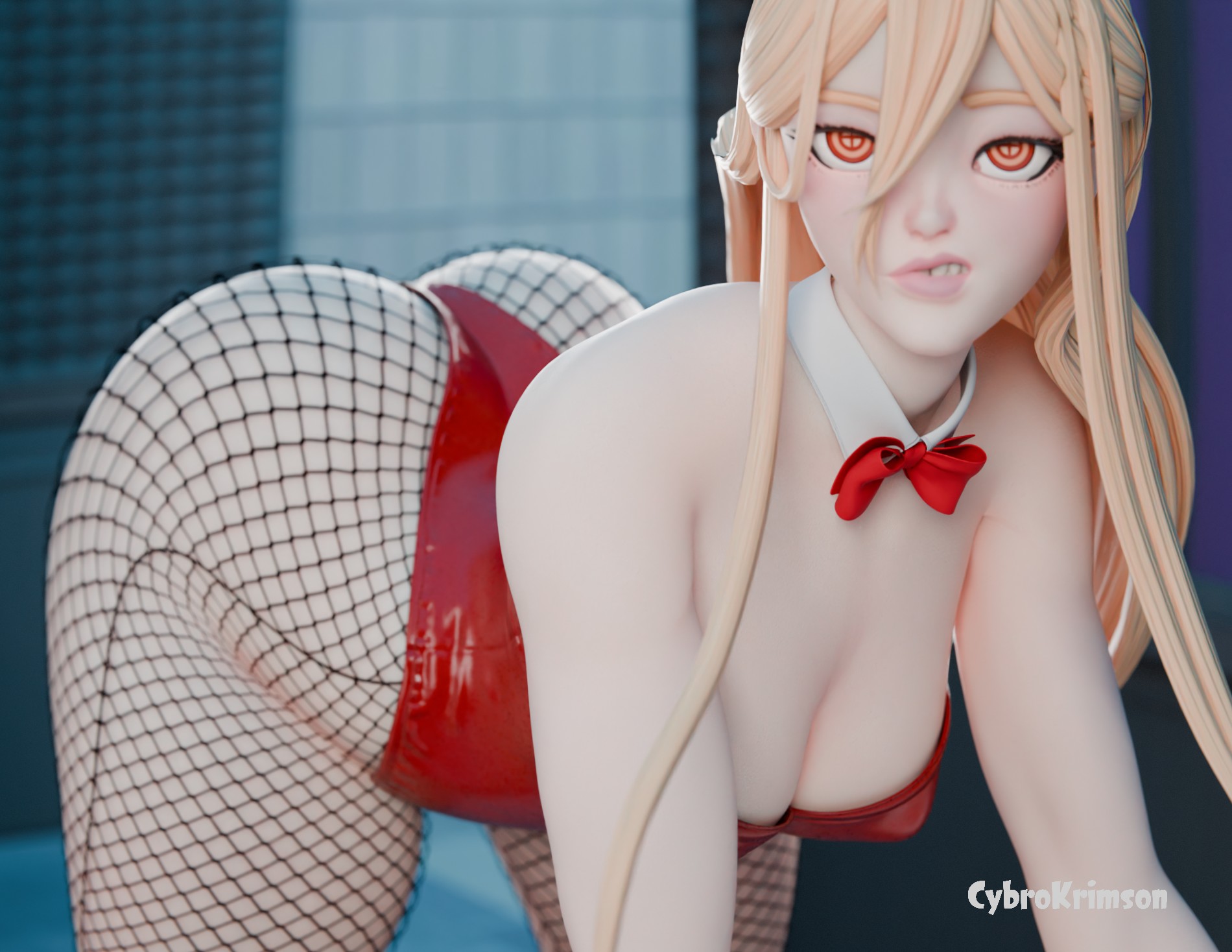 1girls, 3d, all fours, alternate version available, big ass, blender, blonde hair, breasts, bunny girl, bunnysuit, chainsaw man, cleavage, cybrokrimson, female, fishnet legwear, fishnet pantyhose, fishnets, huge ass, leotard, looking at viewer, medium breasts, neck ribbon, power (chainsaw man), red leotard, sneer, stockings, strapless, strapless leotard, symbol-shaped pupils, tagme, thick thighs, wide hips, yellow eyes