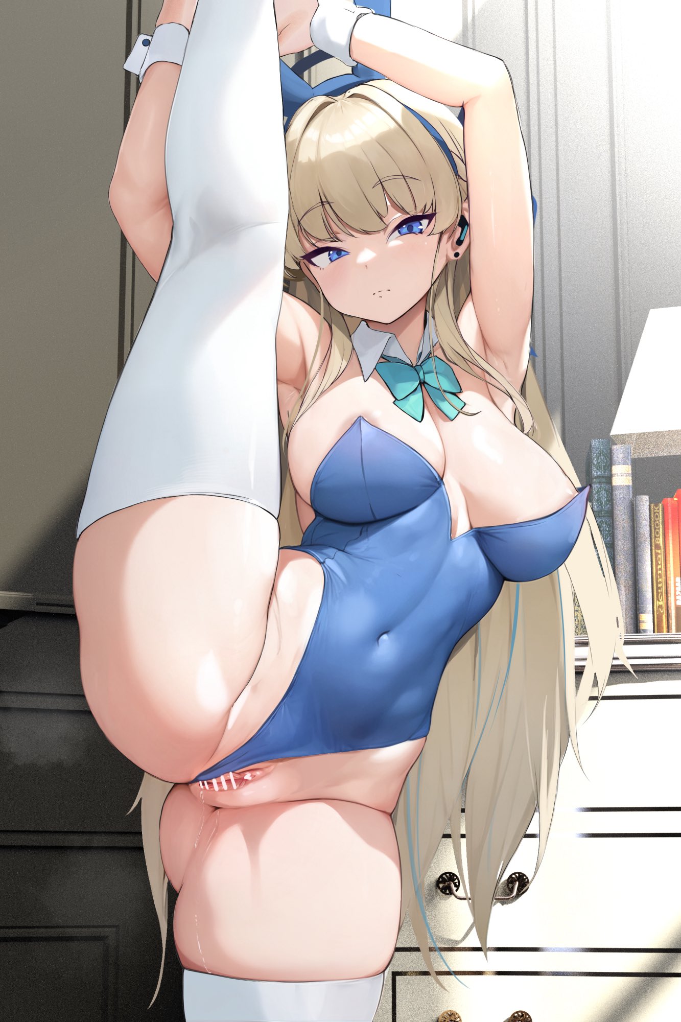 areola slip, bar censor, blue archive, breasts, censored, cleaning & clearing (blue archive), dikko, female, large breasts, leotard aside, millennium science school student, pussy, pussy juice, standing on one leg, standing split, toki (blue archive), toki (bunny) (blue archive)