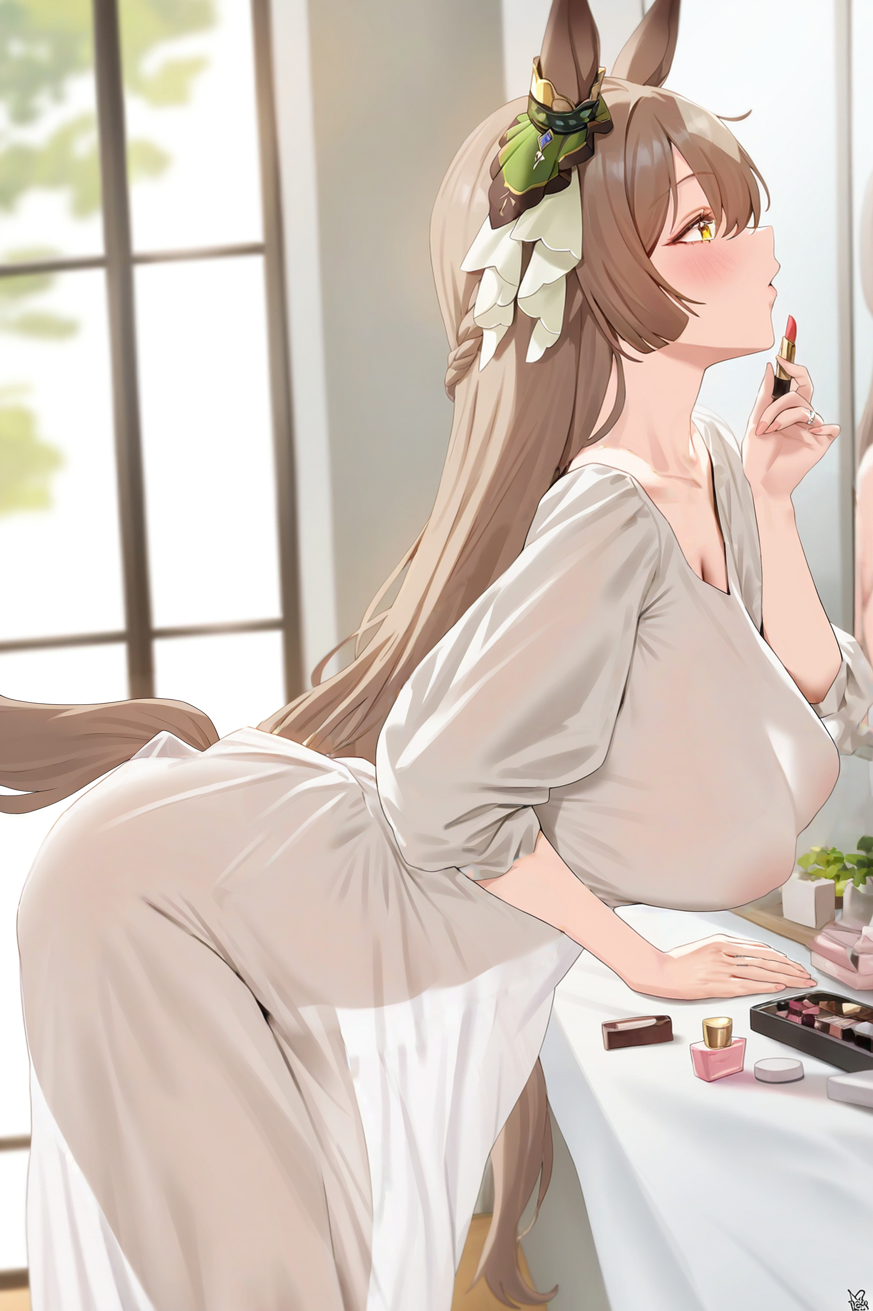 ai generated, animal ears, braided hair, brown eyes, female, horse girl, long hair, makeup, nipples visible through clothing, satono diamond (umamusume), two-tone hair, umamusume, umamusume pretty derby