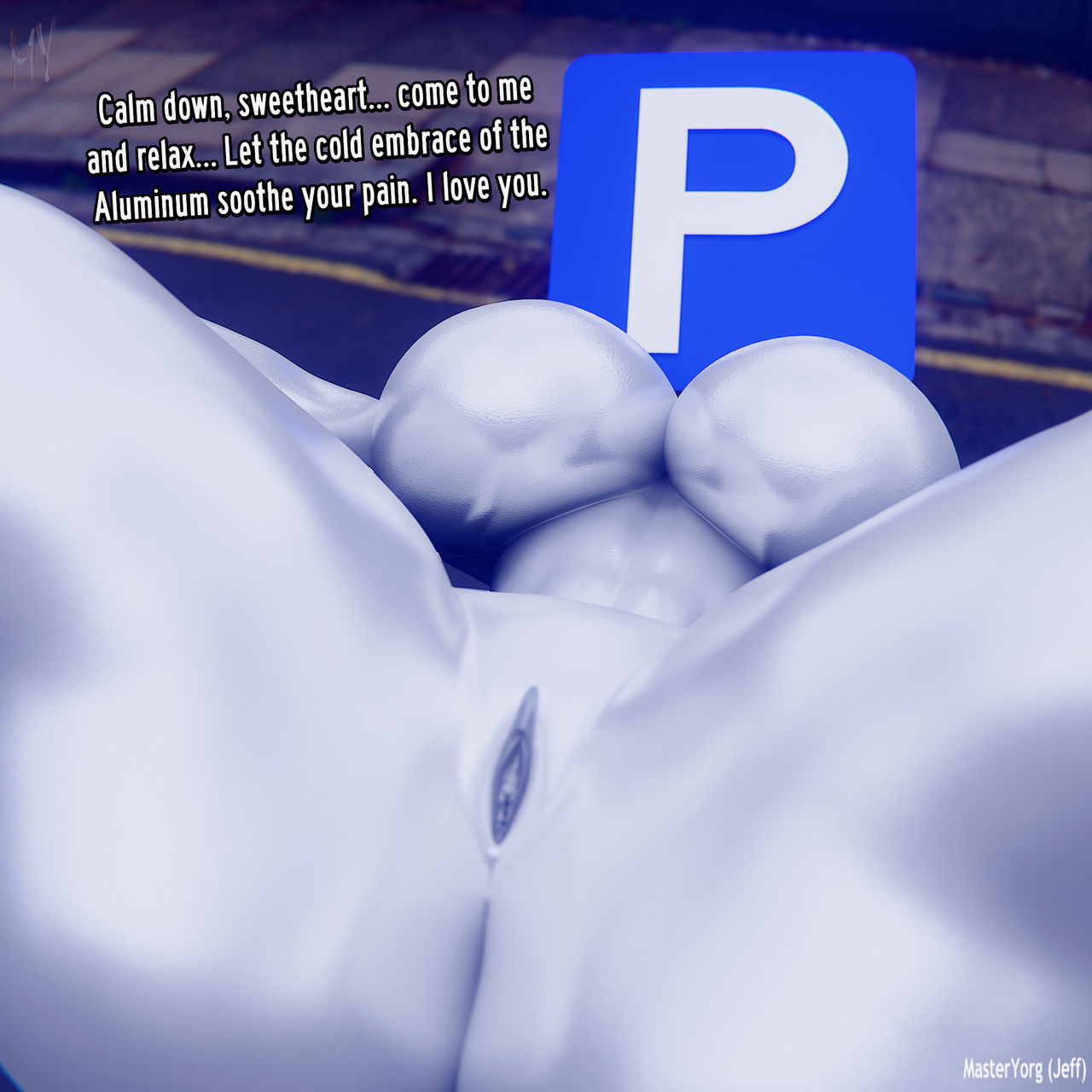 3d, 3d (artwork), 3d render, breasts, dialogue, english, english dialogue, english language, english text, female, female only, giantess, looking at viewer, masteryorg0, metallic body, object head, parking sign, pussy, sign, sign head, solo, solo female, speaking, speaking to viewer