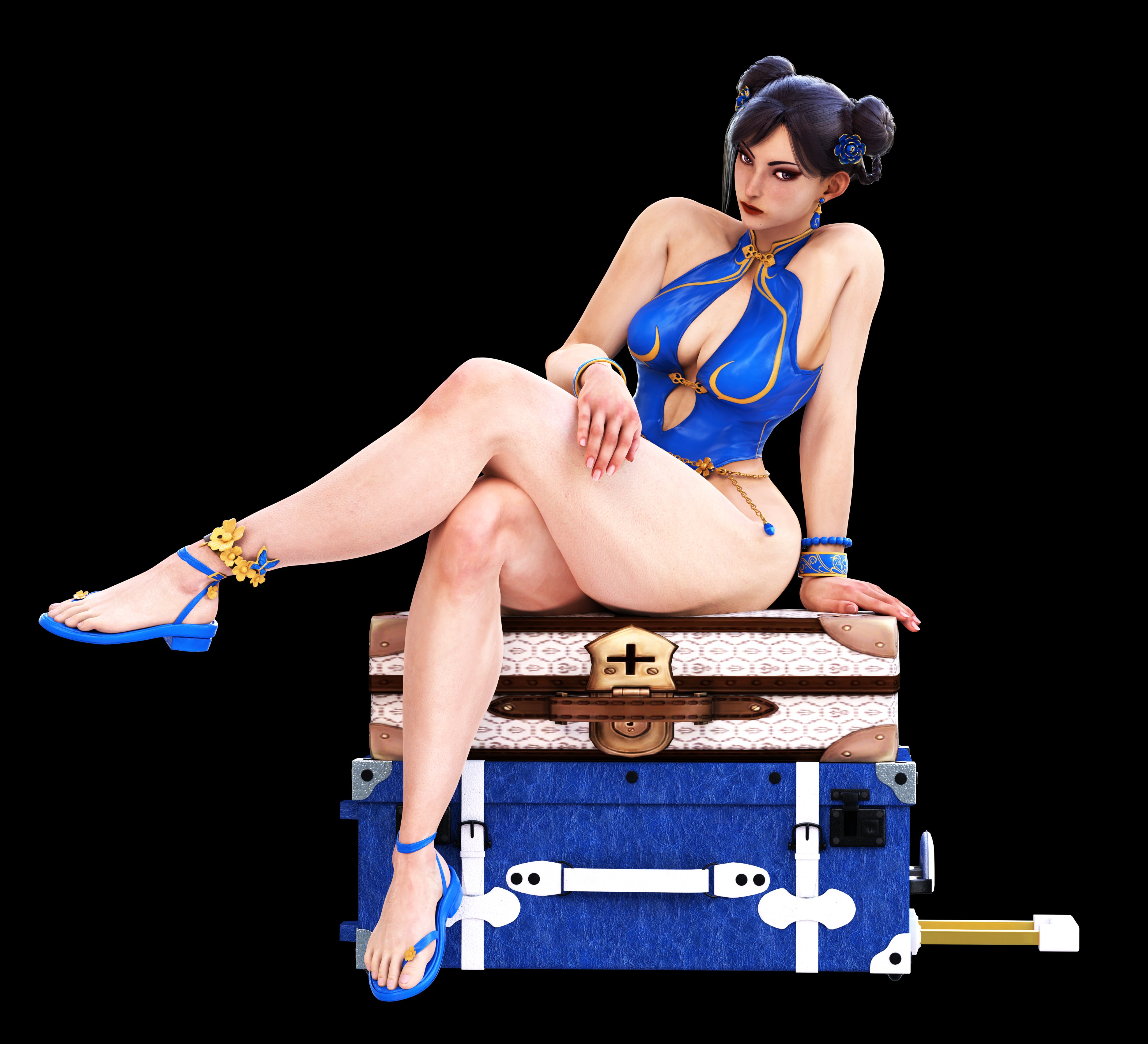 1girls, 3d, alternate costume, asian female, bare legs, bare thighs, barefoot, black background, blender, breasts, brown hair, capcom, chinese clothes, chun-li, chun-li (street fighter 6), cleavage, crossed legs, feet, female, female only, hourglass figure, long legs, looking at viewer, medium breasts, one-piece swimsuit, posing, sandals, sihsengiu, sitting, slim waist, solo, street fighter, street fighter 6, summer uniform, swimsuit, tagme, thick thighs, wide hips