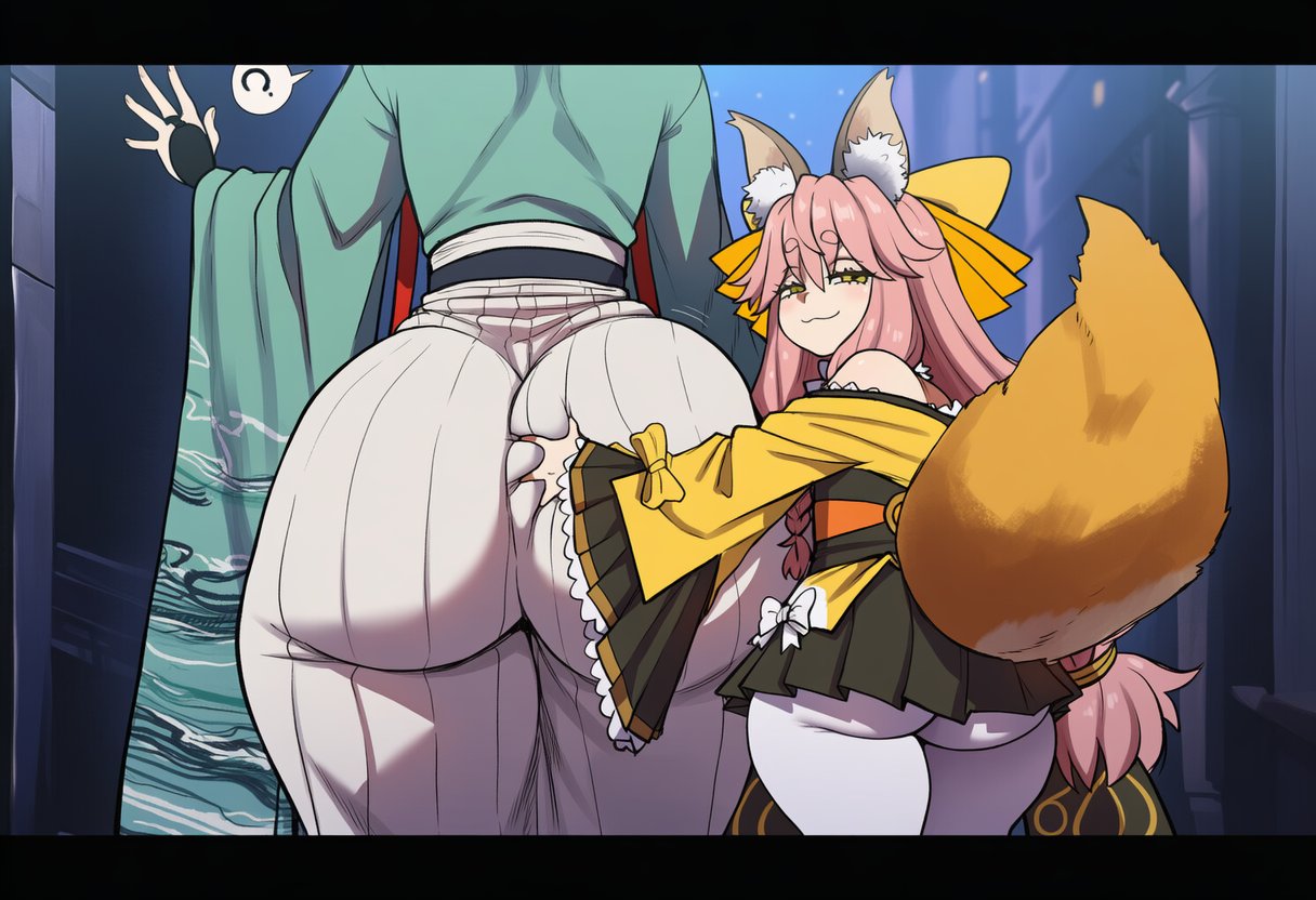 2girls, ai generated, ass, ass grab, fate (series), fate/samurai remnant, female, fox ears, fox girl, fox tail, gigantic ass, goghkunn, grabbing another's ass, huge ass, kimono, large ass, larger female, long hair, looking at viewer, looking back, pink hair, size difference, smaller female, smug, tamamo aria, tamamo no mae (fate), yui shousetsu (fate)