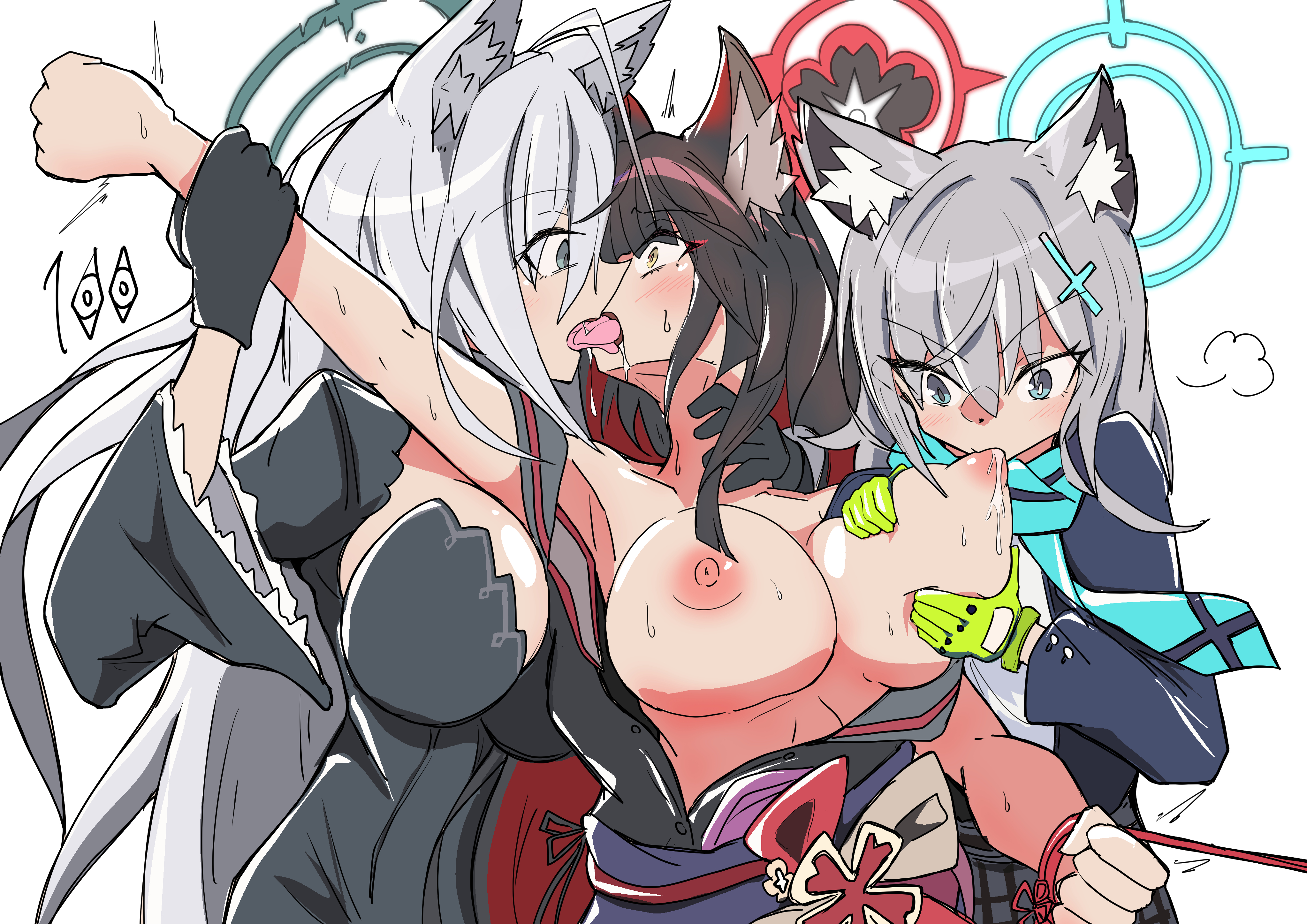 3girls, animal ears, blue archive, bound, cat girl, catgirl, dual persona, female, femdom, french kiss, gearr3x, halo, japanese clothes, kemonomimi, no bra, shiroko (blue archive), shiroko (terror) (blue archive), wakamo (blue archive), wide eyed, yuri