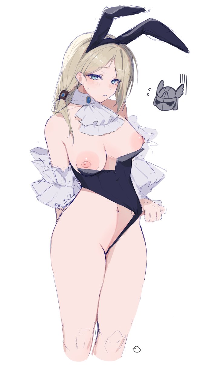 areolae, breasts, bunnysuit, chunta, duchess (nightreign), elden ring, elden ring nightreign, fake animal ears, female, female focus, female only, fromsoftware, nipples, shy, simple background, white background, wylder (nightreign)
