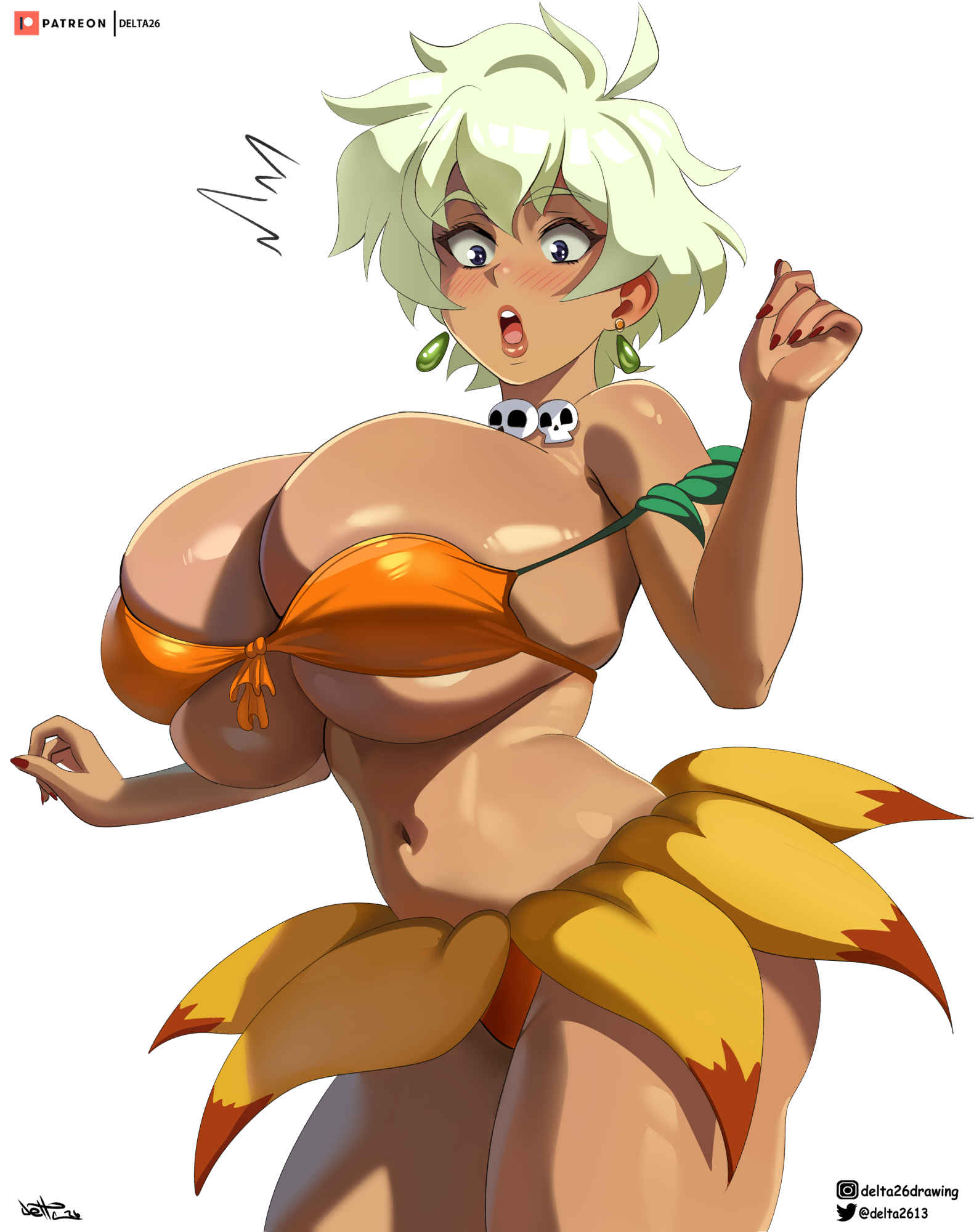 1girls, big breasts, black eyes, blonde hair, blush, bottomwear, breasts, bursting breasts, cleavage, delta26, ear piercing, earrings, female, female only, hair, huge breasts, jewelry, jungle de ikou, large breasts, lips, mii (jungle de ikou), nail polish, nails, necklace, neckwear, orange skirt, pelvic curtain, red nail polish, red nails, revealing clothes, short hair, short skirt, skimpy, skimpy clothes, skirt, skull necklace, solo, solo female, strapless top, surprised, surprised expression, thick thighs, thighs, topwear, tribal, tribal clothing, white background